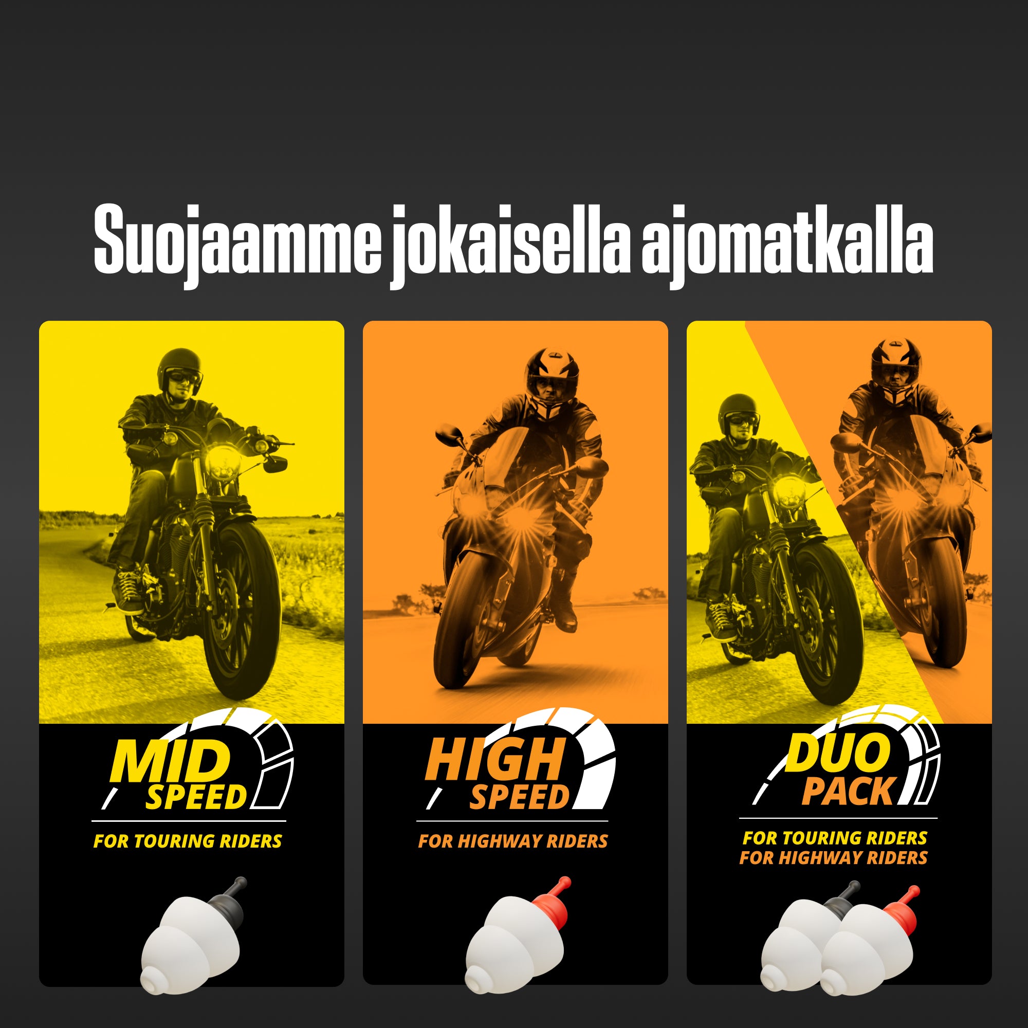 Alpine MotoSafe -valikoima otsikolla "Suojaamme jokaisella ajomatkalla": "Mid Speed" retkiajajille, "High Speed" moottoritieajajille, "Duo Pack" molemmille