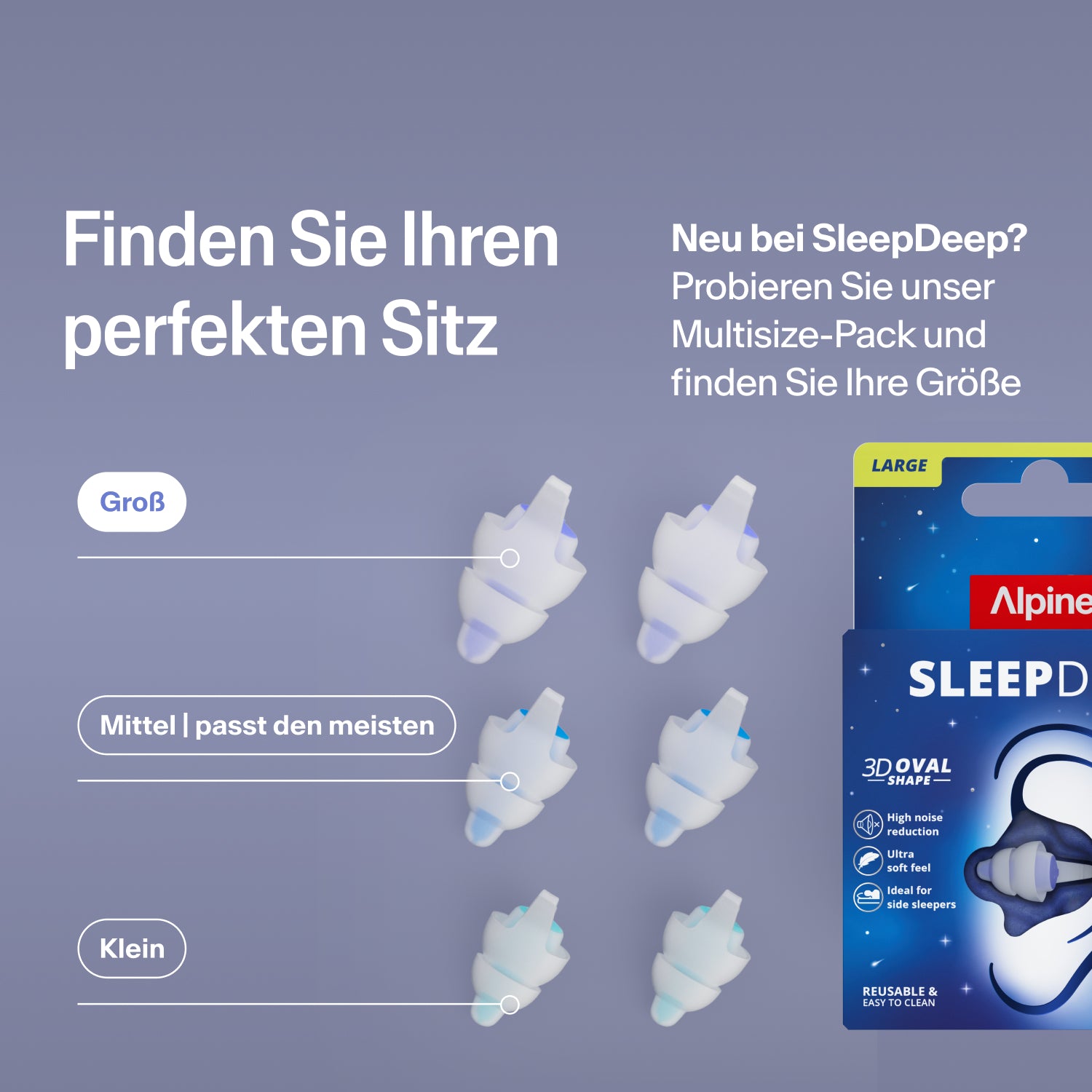 Alpine SleepDeep Ohrstöpsel in den Größen Large, Medium und Small neben der Packung; mit dem Multisize-Set die richtige Größe finden