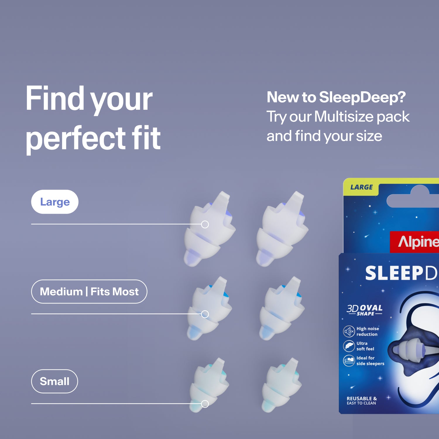 Alpine SleepDeep earplugs in sizes Large, Medium and Small next to the pack; try the Multisize pack to find your fit