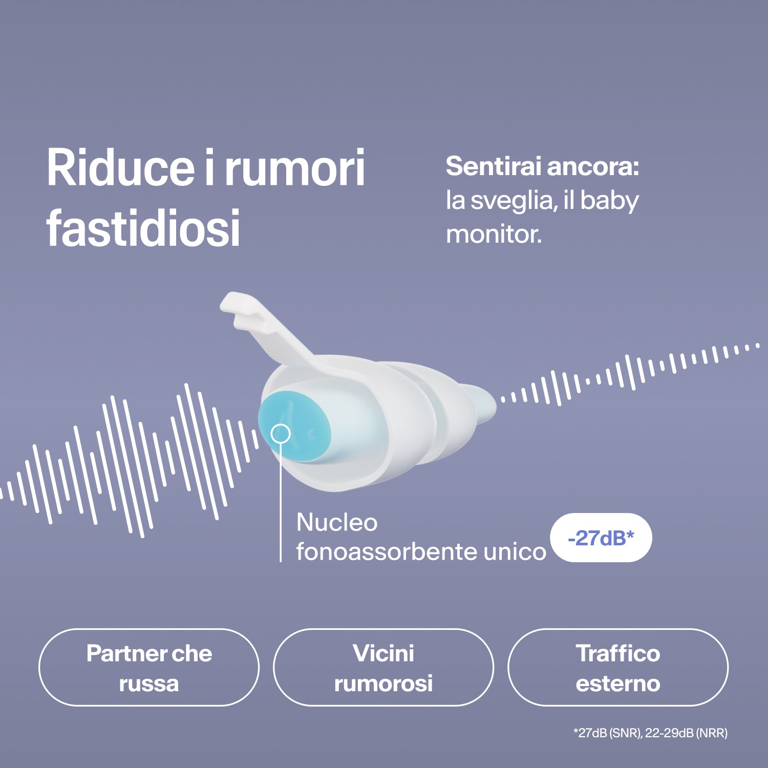 Tappo Alpine SleepDeep taglia S che riduce di 27 dB russamento, rumori dei vicini e traffico, lasciando udibile la sveglia
