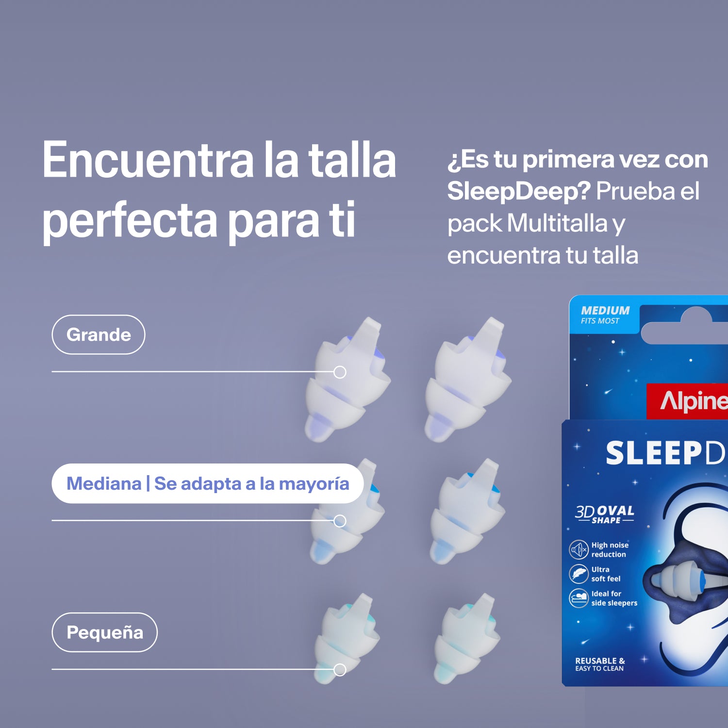 Tapones Alpine SleepDeep en tallas Large, Medium y Small junto al envase; el pack Multisize ayuda a encontrar la talla ideal