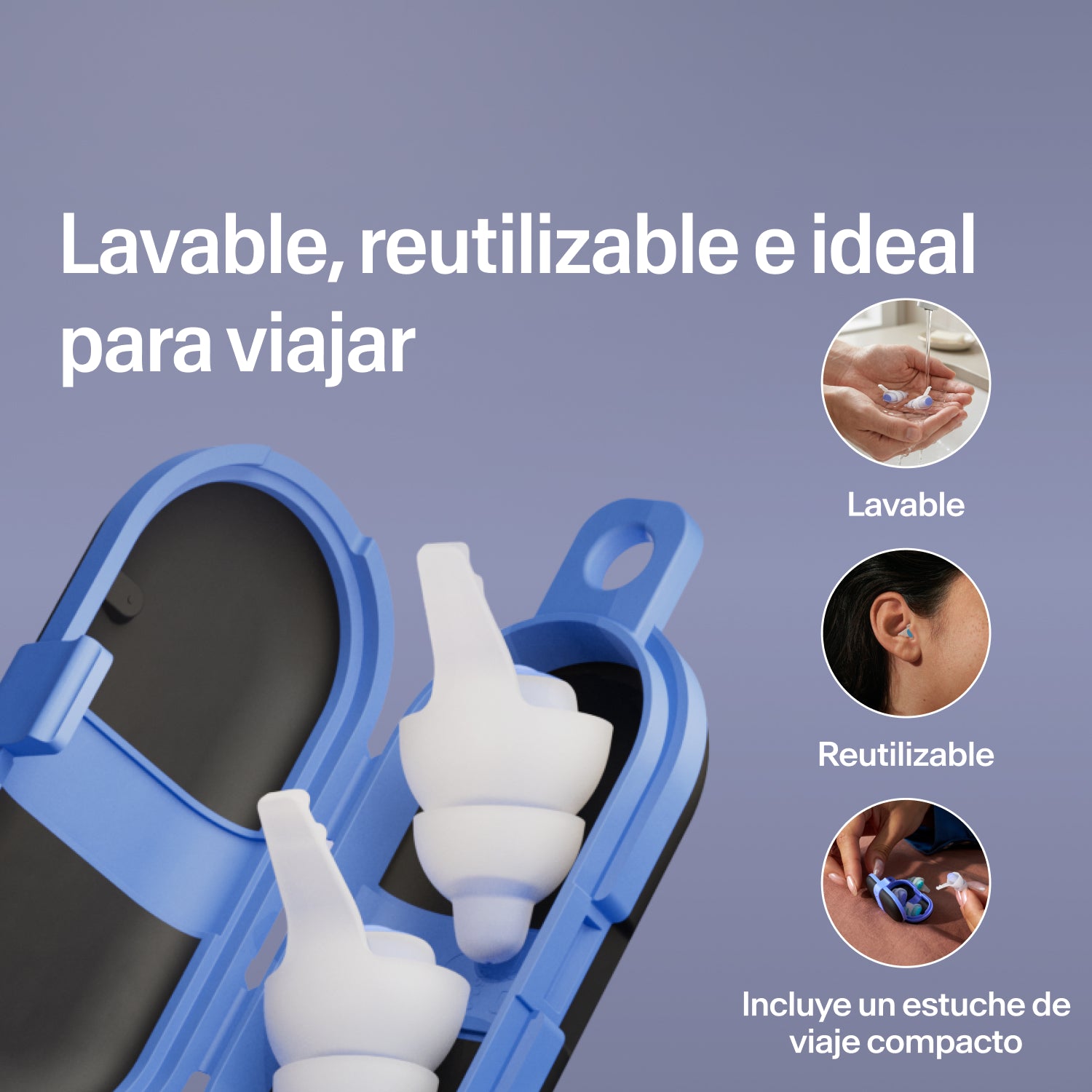 Tapones lavables y reutilizables Alpine SleepDeep talla M en un estuche de viaje azul compacto abierto, listos para viajar