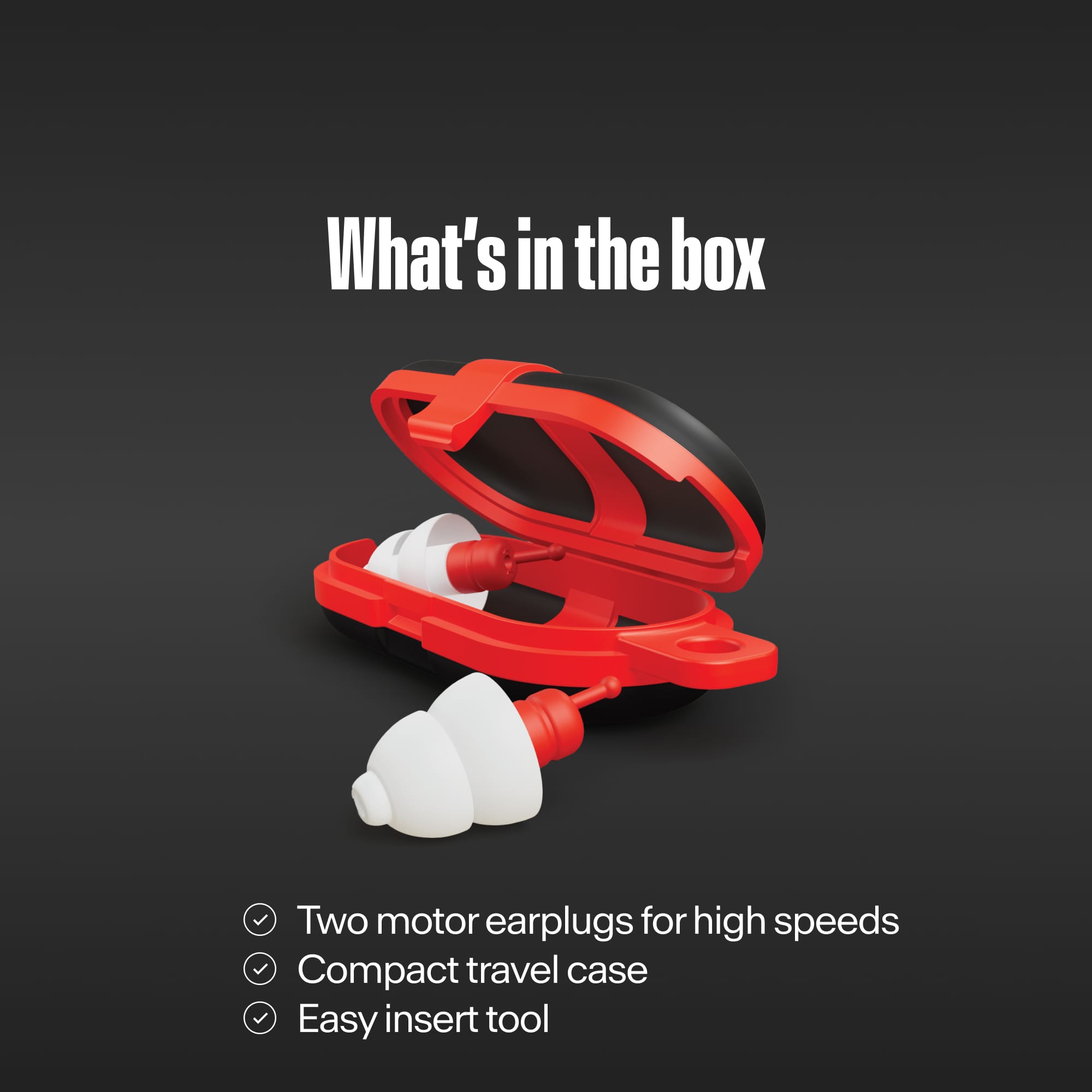 Alpine MotoSafe Sport earplugs and red travel case under the text &