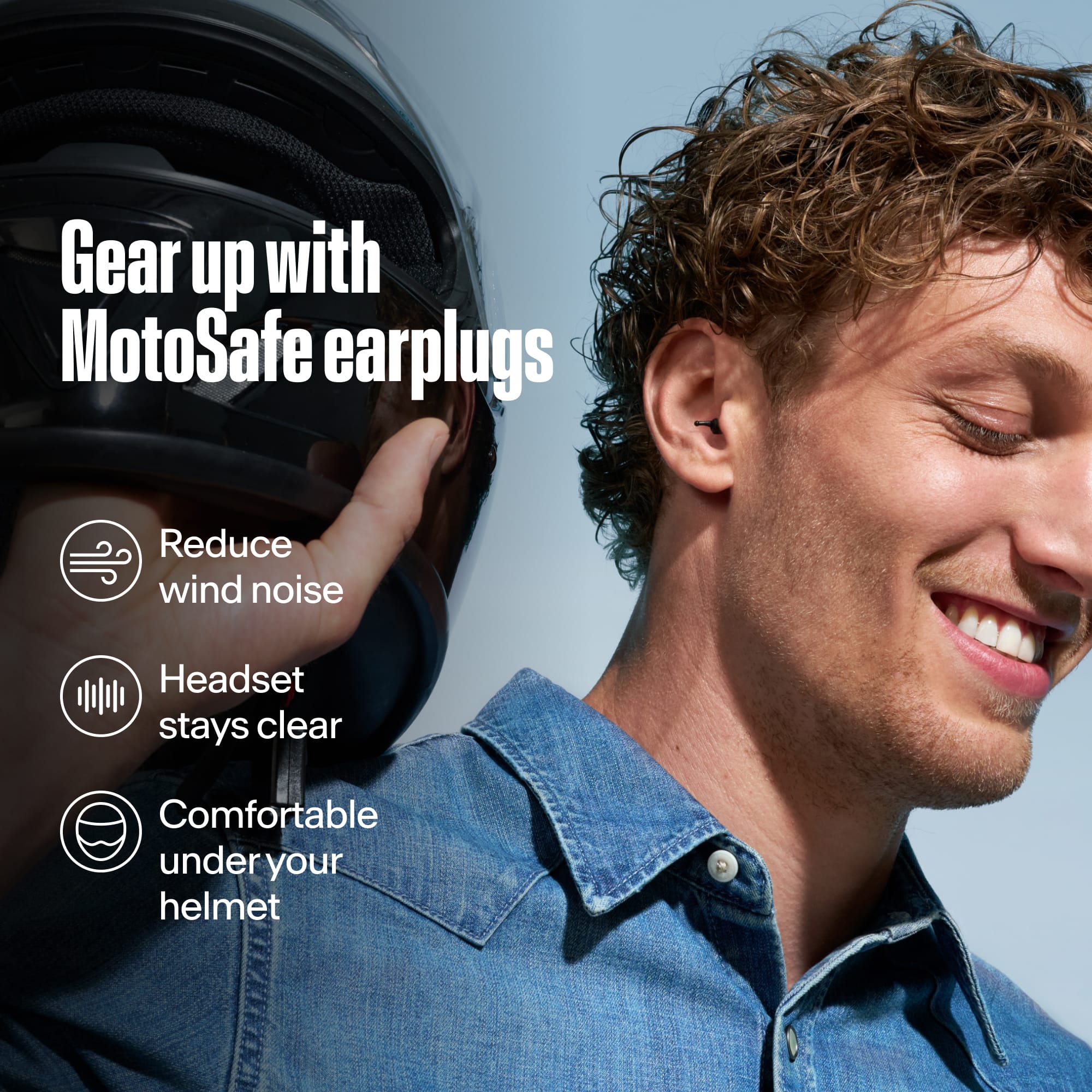Smiling man holding a motorcycle helmet, text "Gear up with MotoSafe earplugs": "Reduce wind noise", "Headset stays clear", "Comfortable under your helmet" (Alpine MotoSafe Tour)