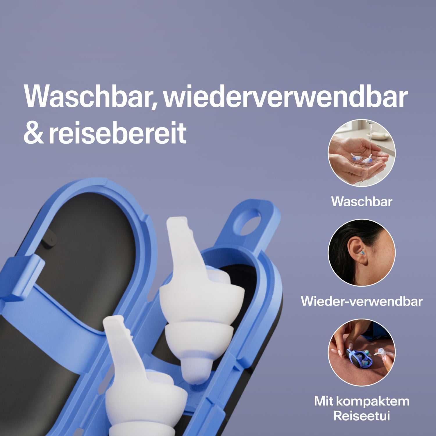 Waschbare, wiederverwendbare Alpine SleepDeep Multisize Ohrstöpsel in einem offenen blauen Reiseetui, bereit für unterwegs