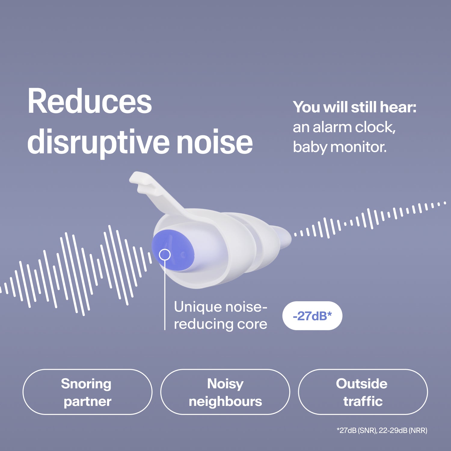 Alpine SleepDeep Multisize earplug reduces snoring, neighbour and traffic noise by 27 dB, while alarms stay audible