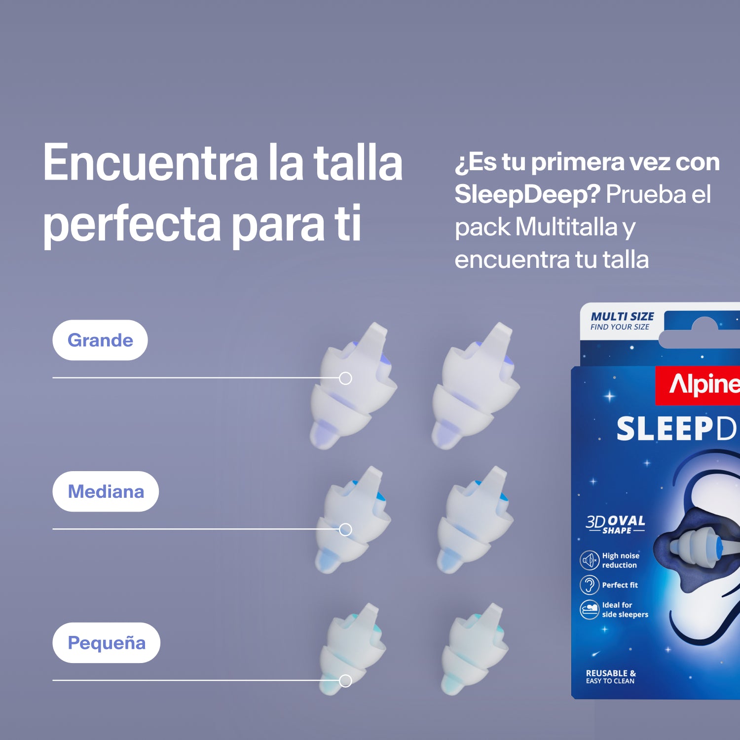 Tapones Alpine SleepDeep en tallas Large, Medium y Small junto al envase; el pack Multisize ayuda a encontrar la talla ideal