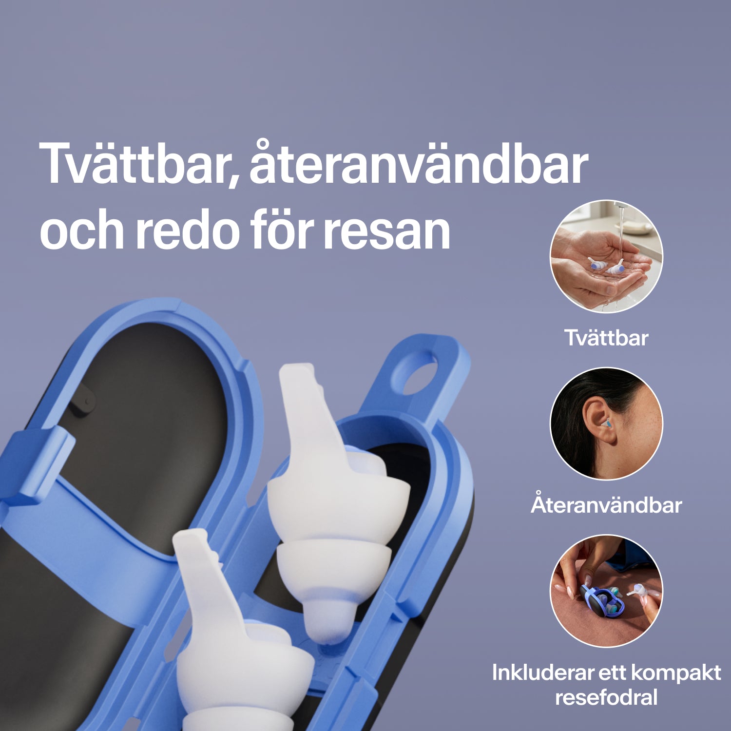 Tvättbara, återanvändbara Alpine SleepDeep Multisize öronproppar i ett öppet blått kompakt reseetui, redo för resan