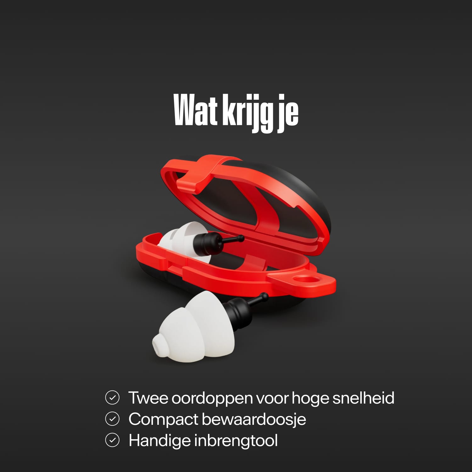 "Wat krijg je": twee Alpine MotoSafe Tour oordoppen met een open, compact rood bewaardoosje en een handige inbrengtool