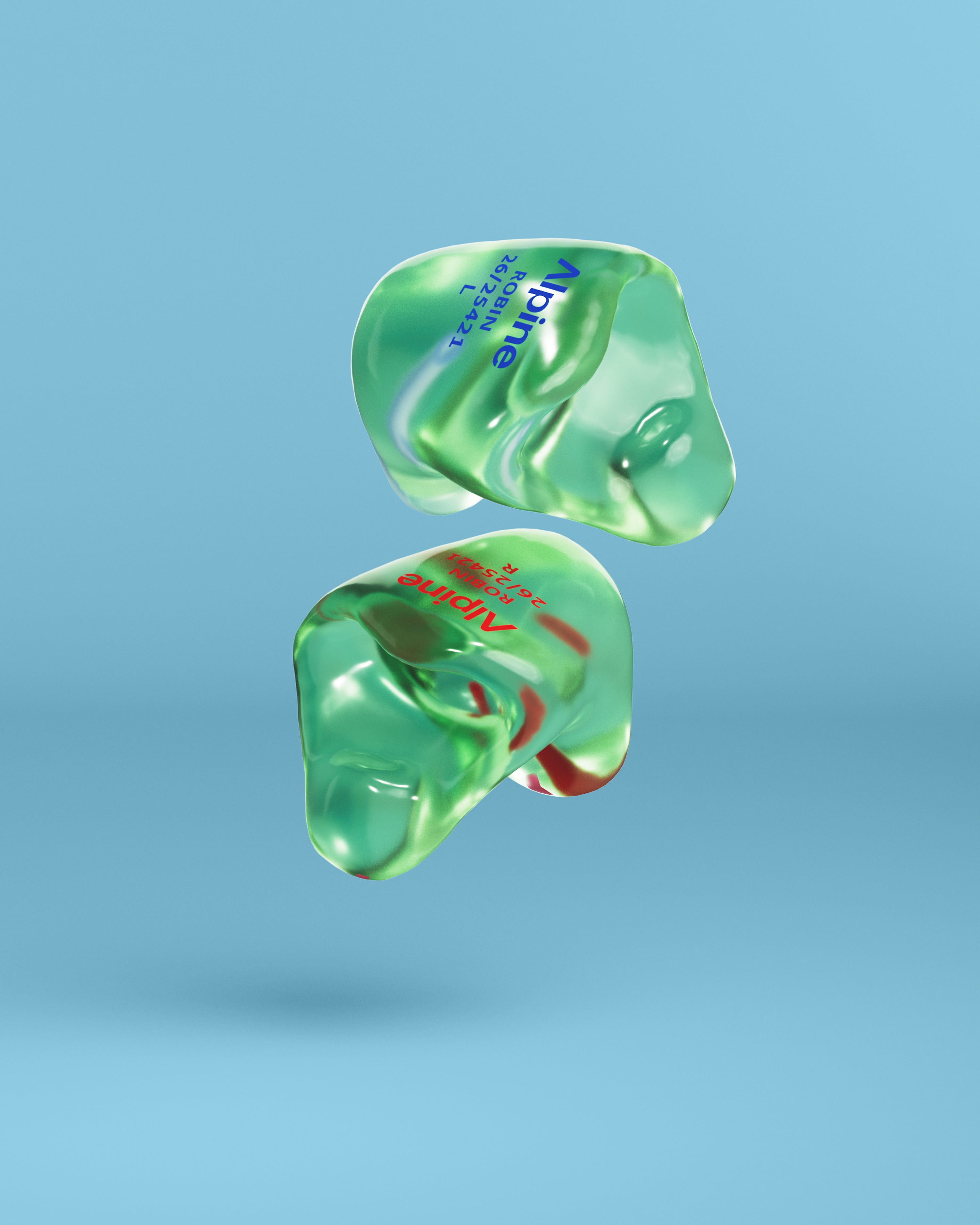 Pair of Alpine SleepSoft Custom Transparent Green earplugs, 3D render