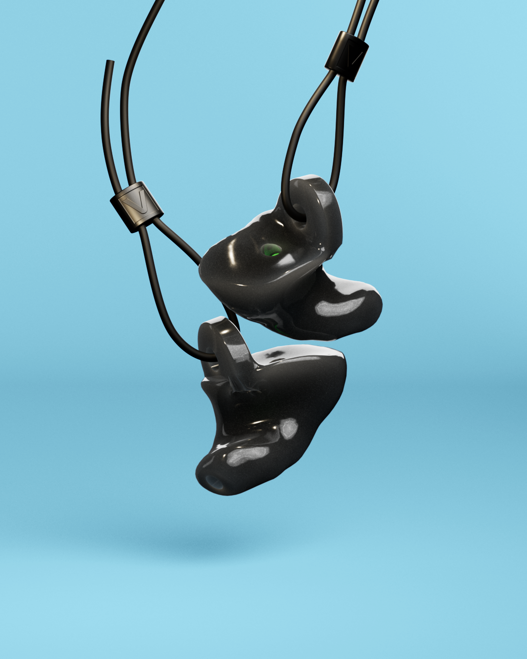 Pair of Alpine WorkSafe Custom Onyx Black earplugs hanging from an adjustable black cord