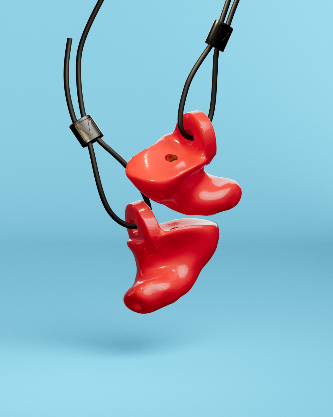 Pair of Alpine WorkSafe Custom Red earplugs hanging from an adjustable black cord