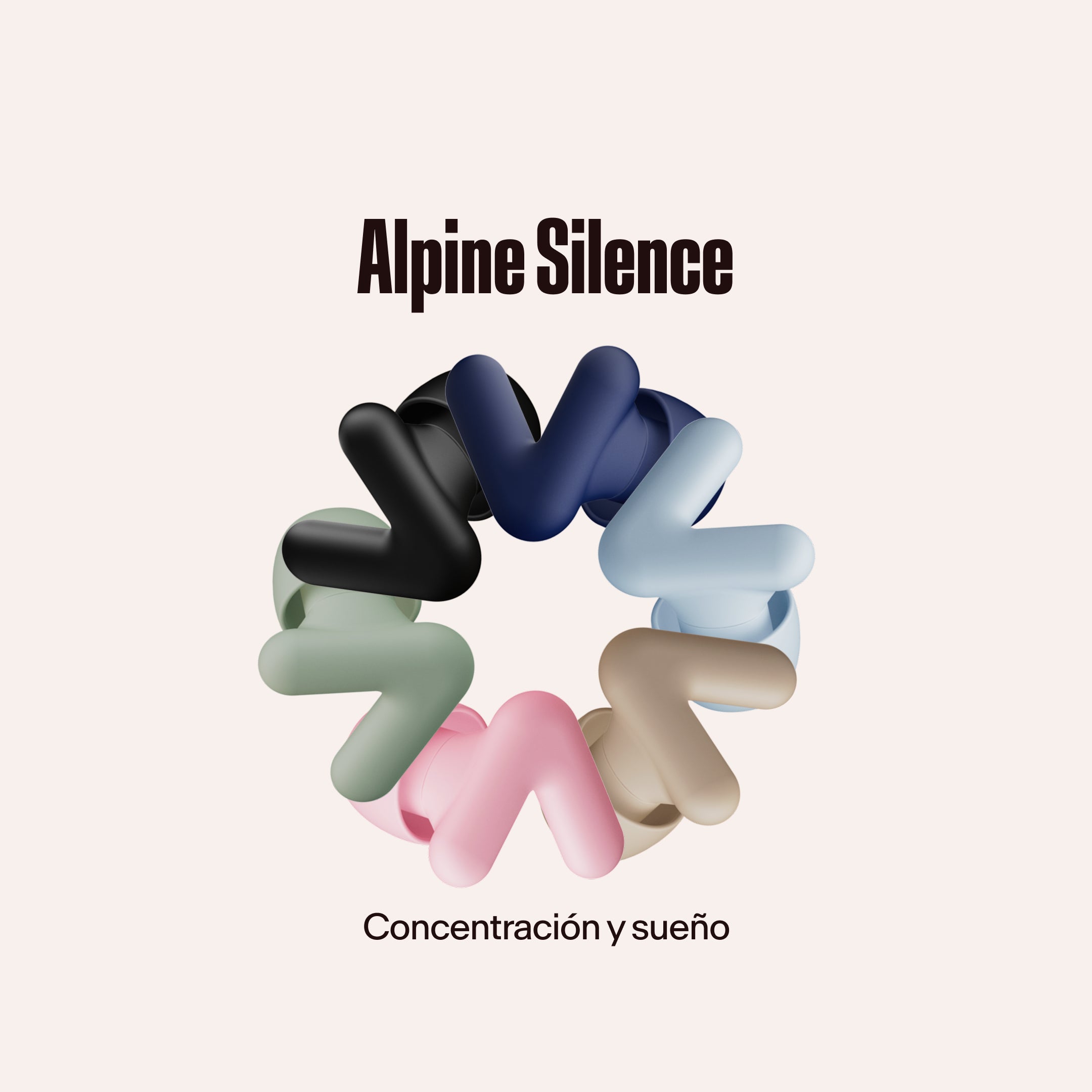 Tapones para los oídos Alpine Silence en varios colores dispuestos en círculo, con el texto &