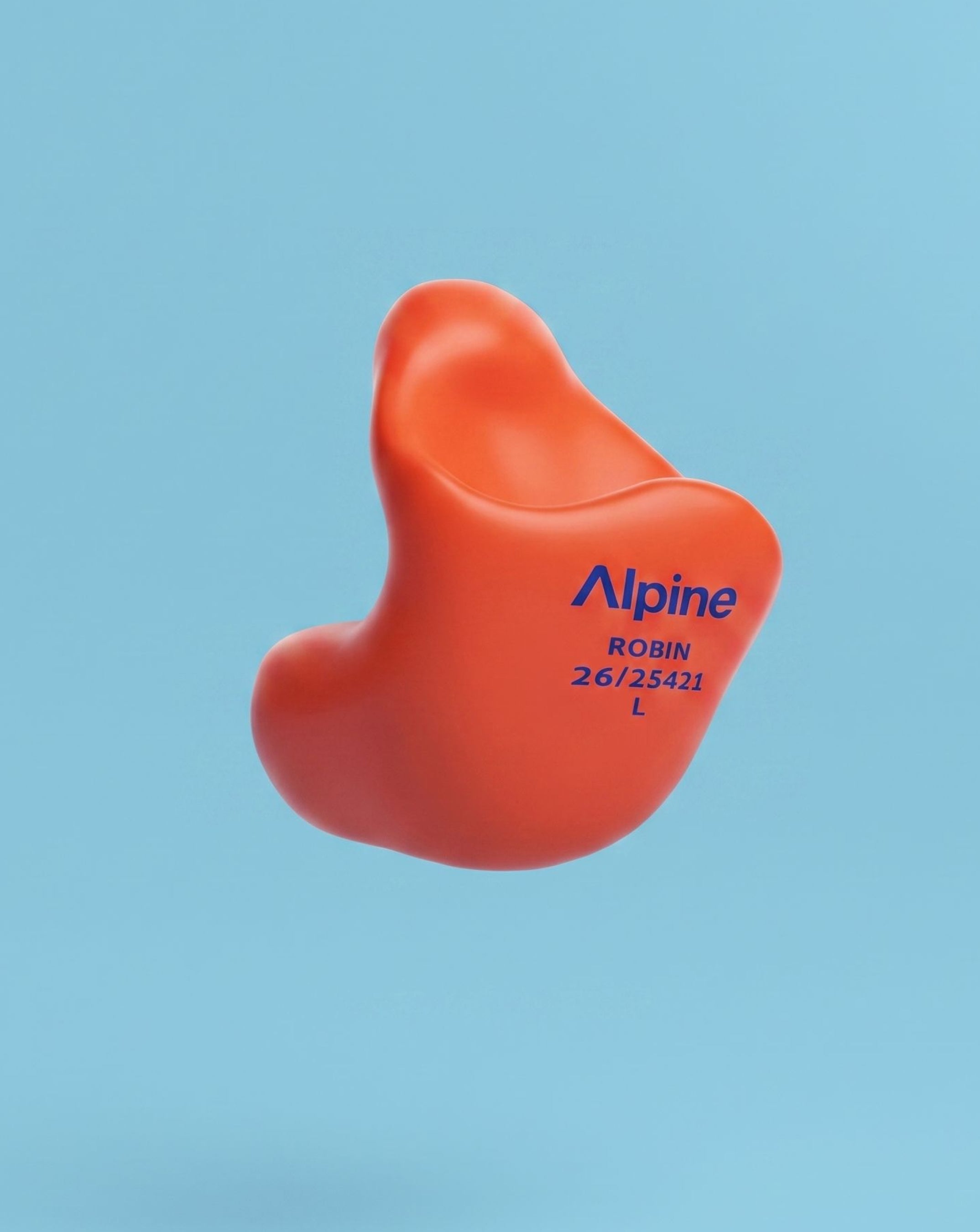 Alpine SleepSoft Custom Orange earplug, 3D render on a blue background
