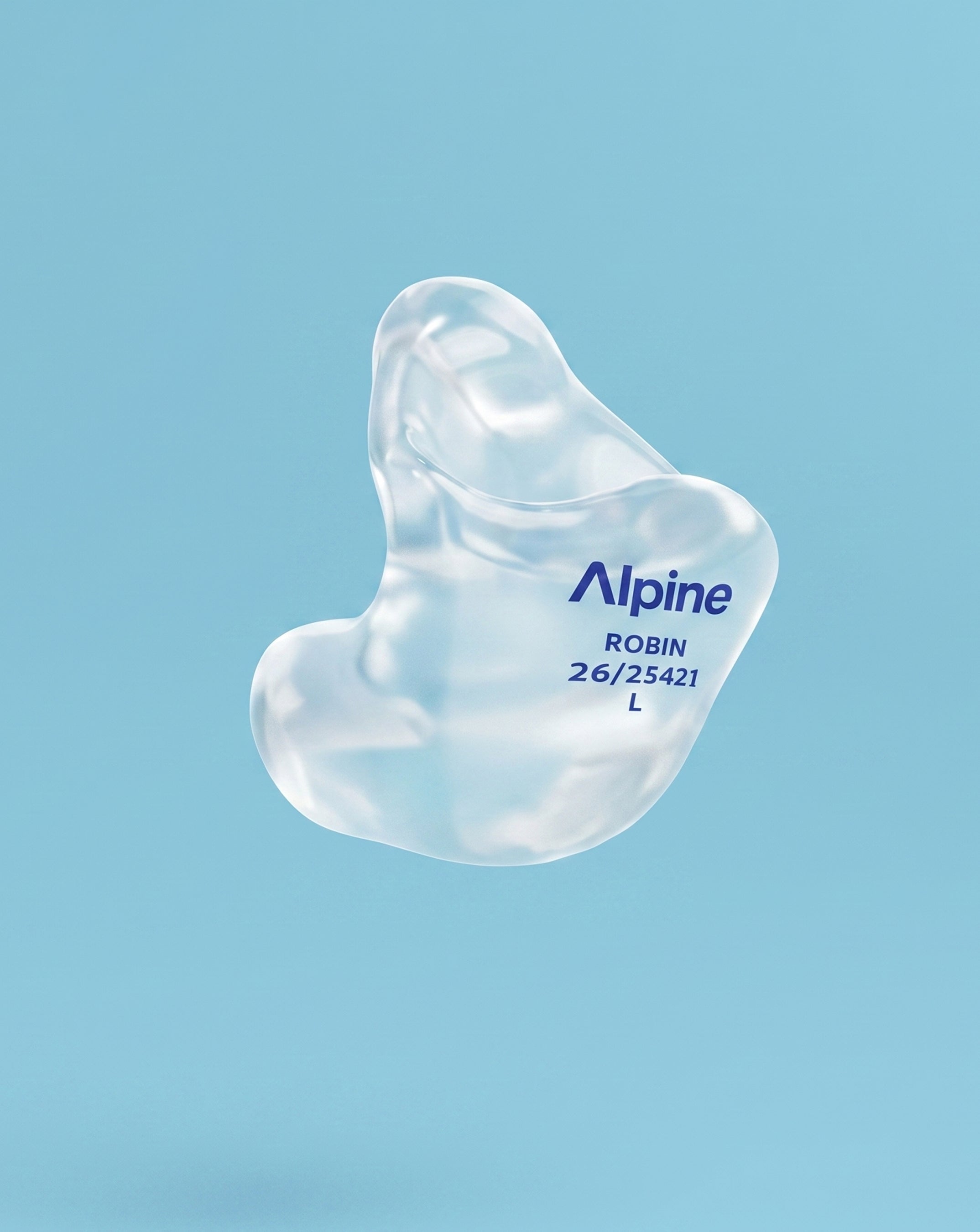 Alpine SleepSoft Custom Transparent earplug, 3D render on a blue background