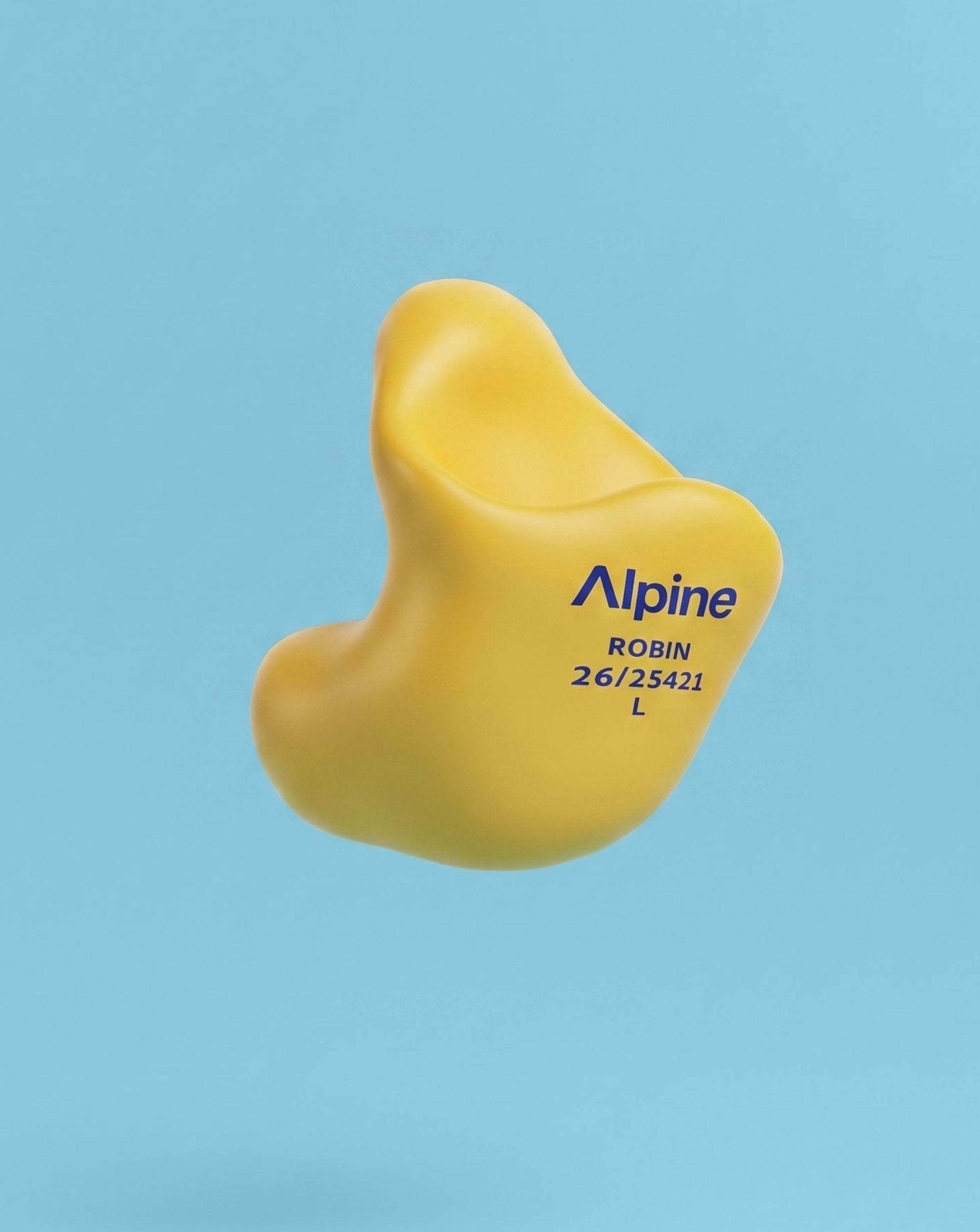 Alpine SleepSoft Custom Yellow earplug, 3D render on a blue background