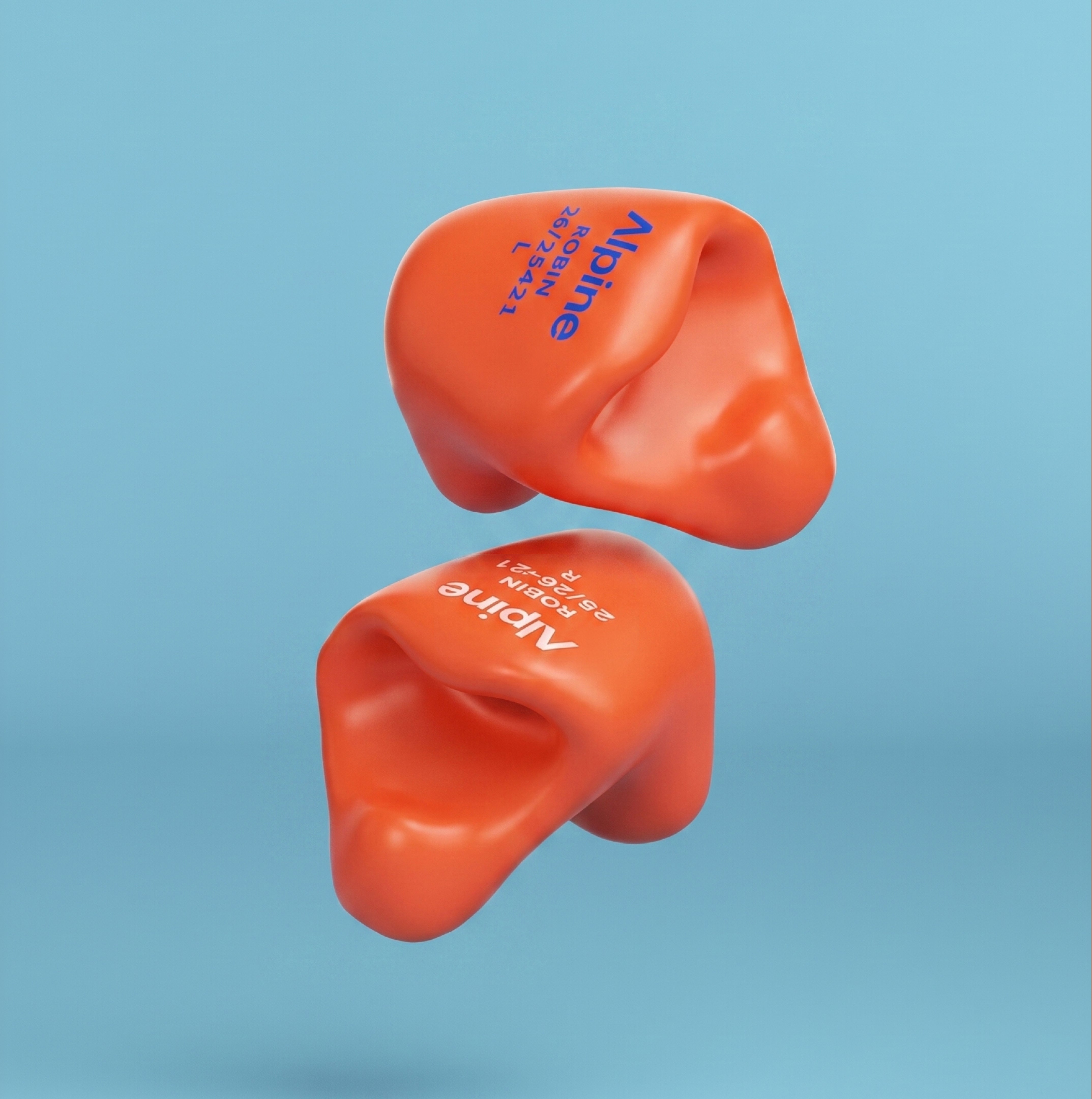 Pair of Alpine SleepSoft Custom Orange earplugs, 3D render