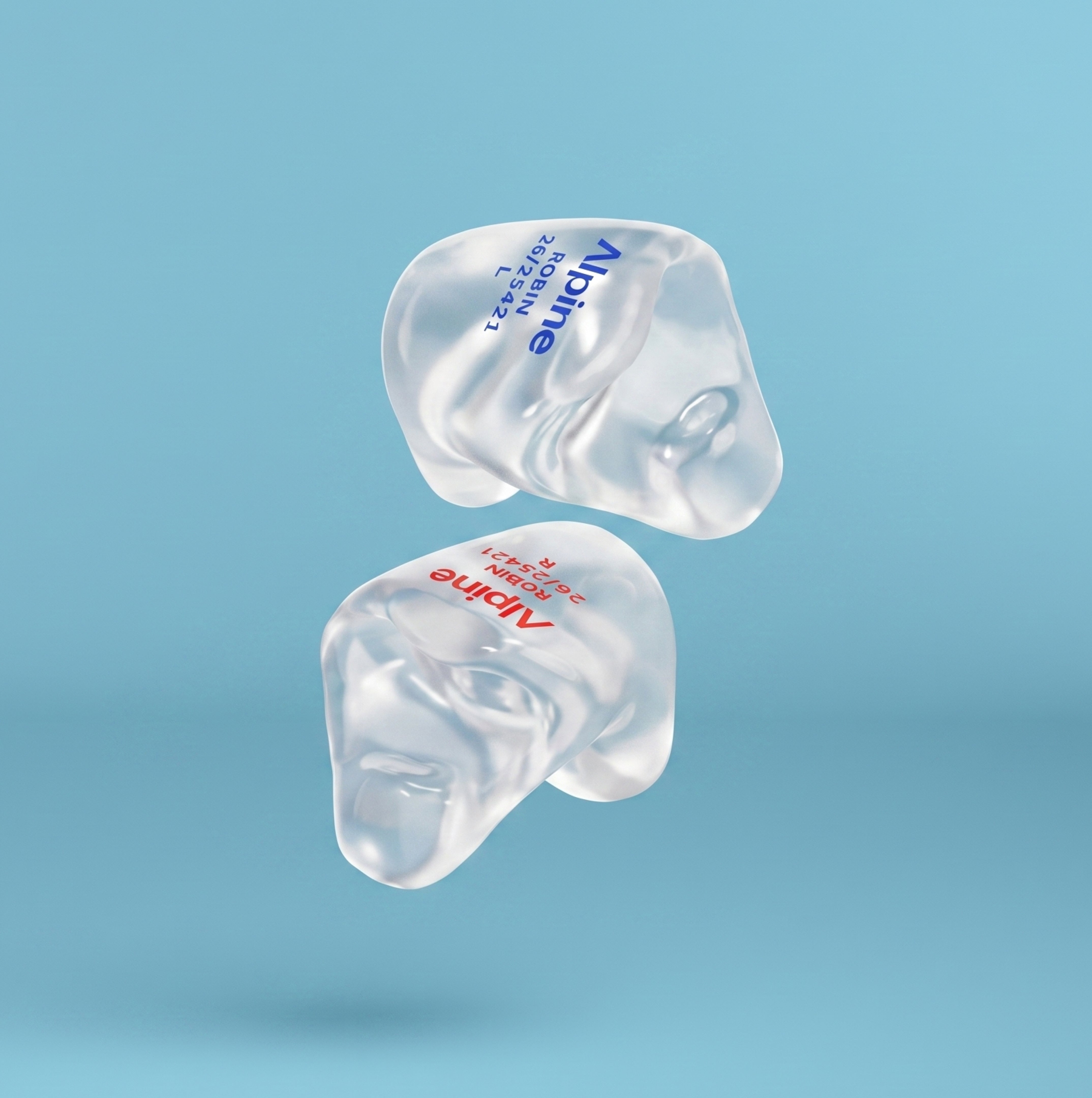 Pair of Alpine SleepSoft Custom Transparent earplugs, 3D render