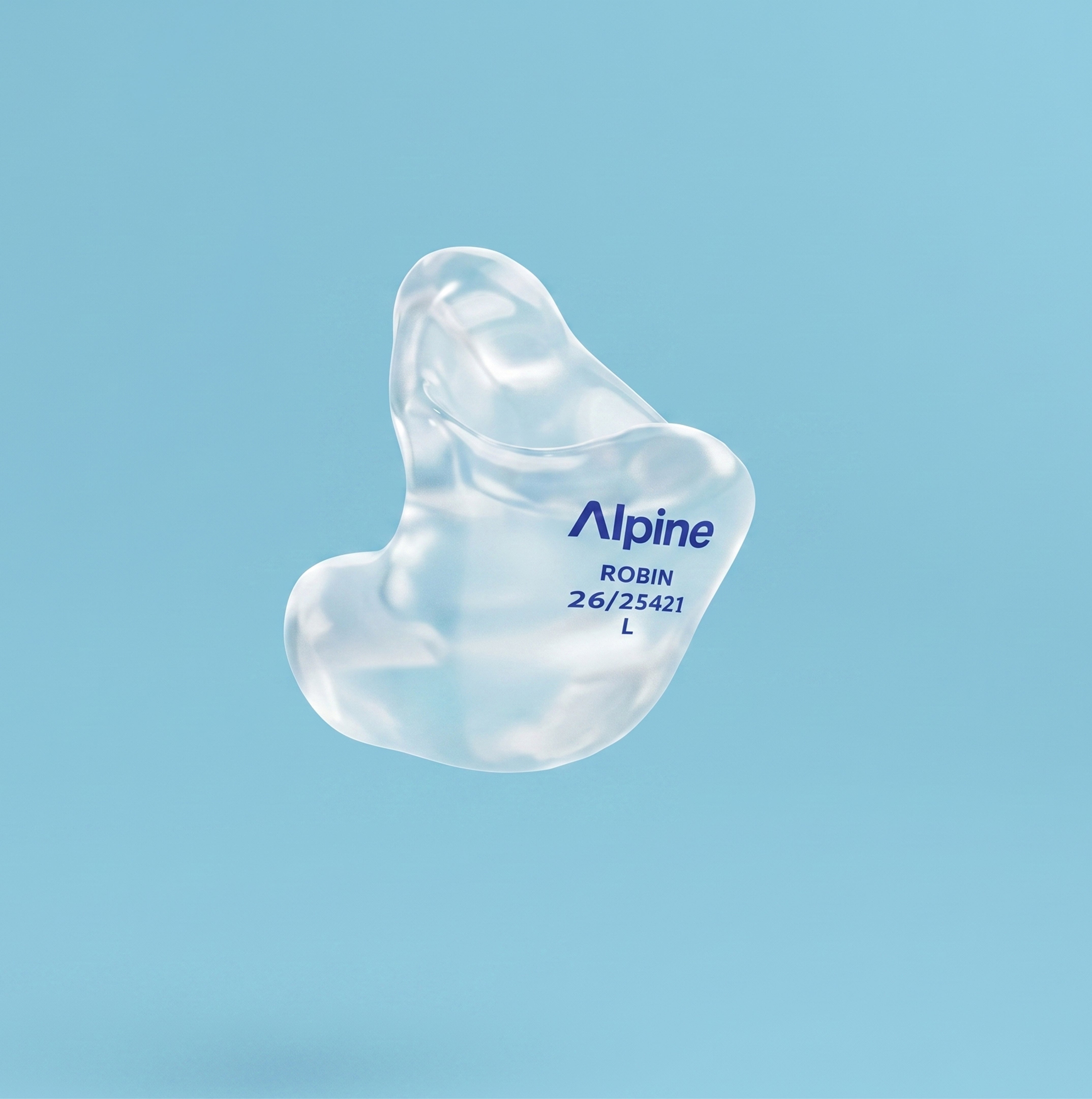 Alpine SleepSoft Custom Transparent earplug, 3D render on a blue background