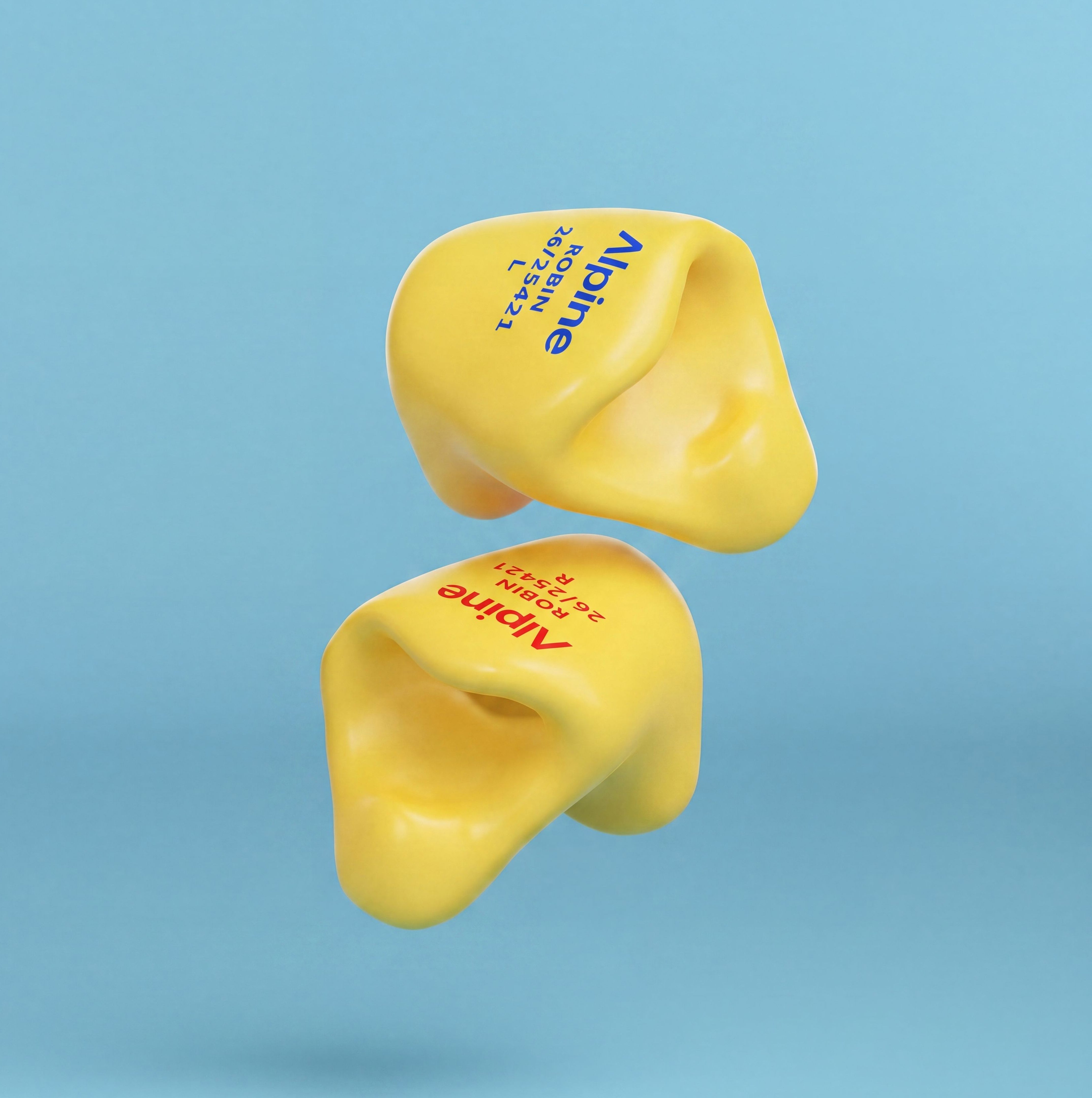 Pair of Alpine SleepSoft Custom Yellow earplugs, 3D render