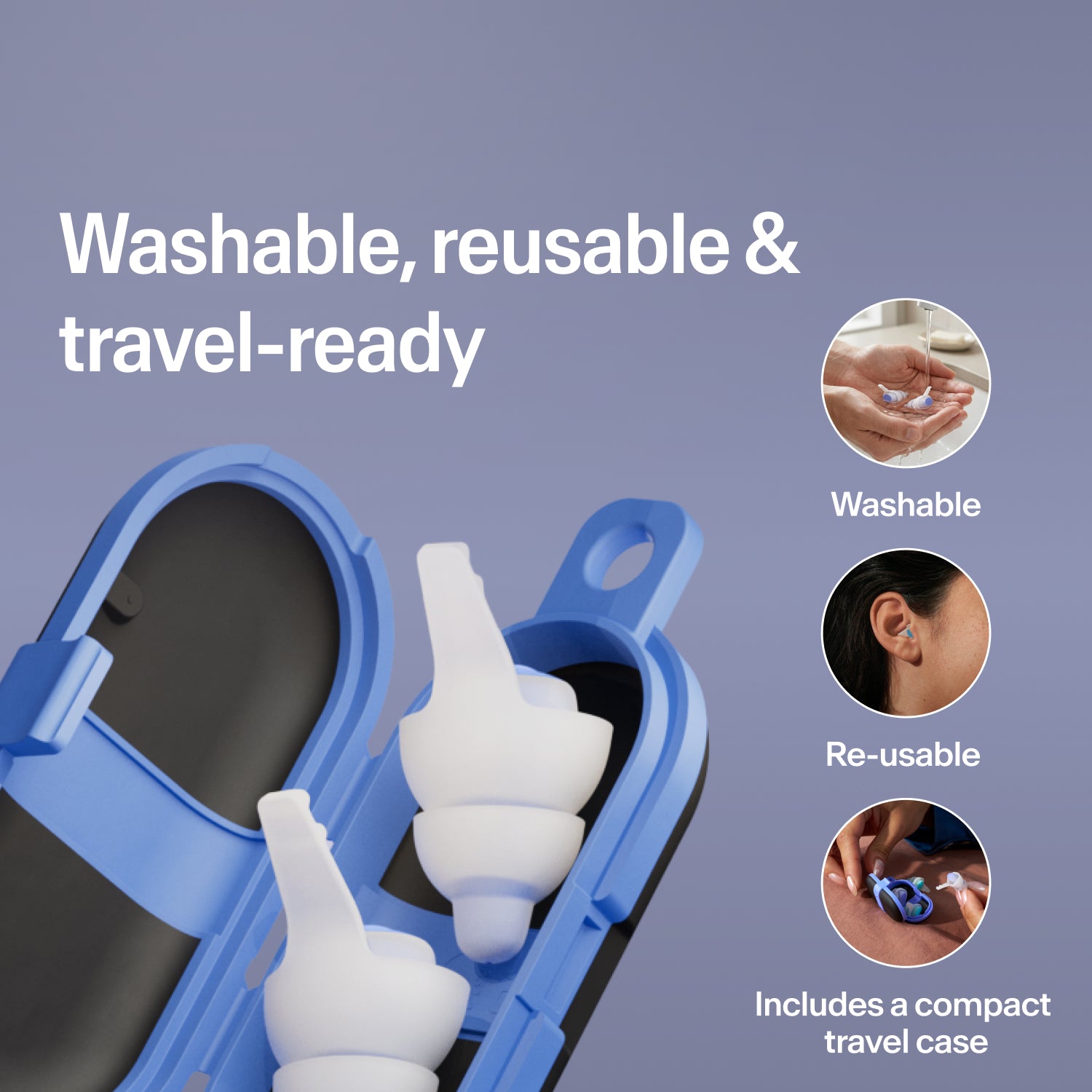 Washable, reusable Alpine SleepDeep earplugs in size S in an open blue compact travel case, ready for travel