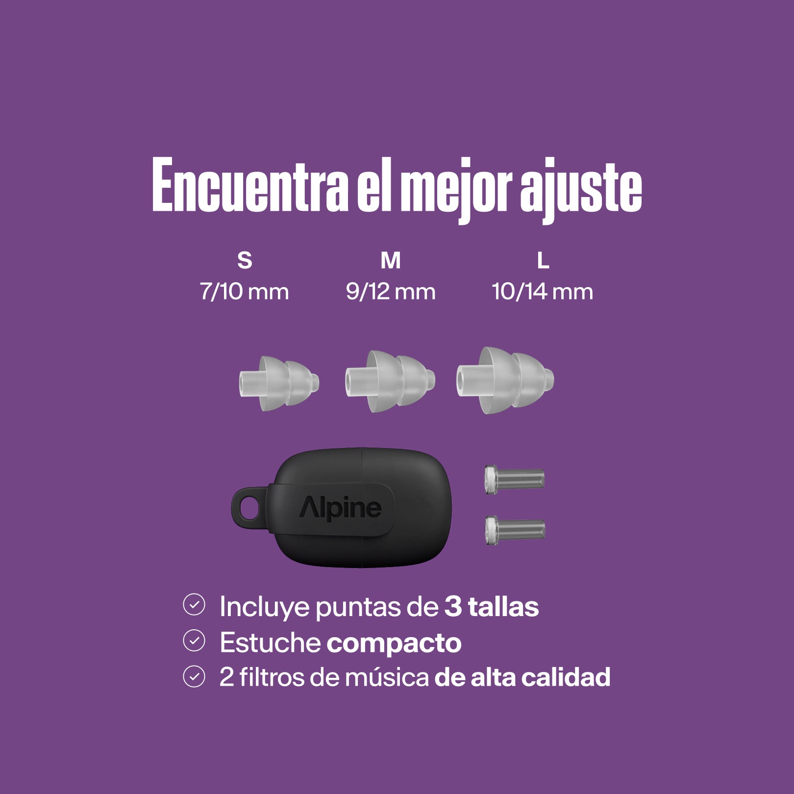 Alpine PartyPlug Pro: encuentra tu ajuste perfecto. Tres tamaños de tapones transparentes S, M, L, estuche, dos filtros de música