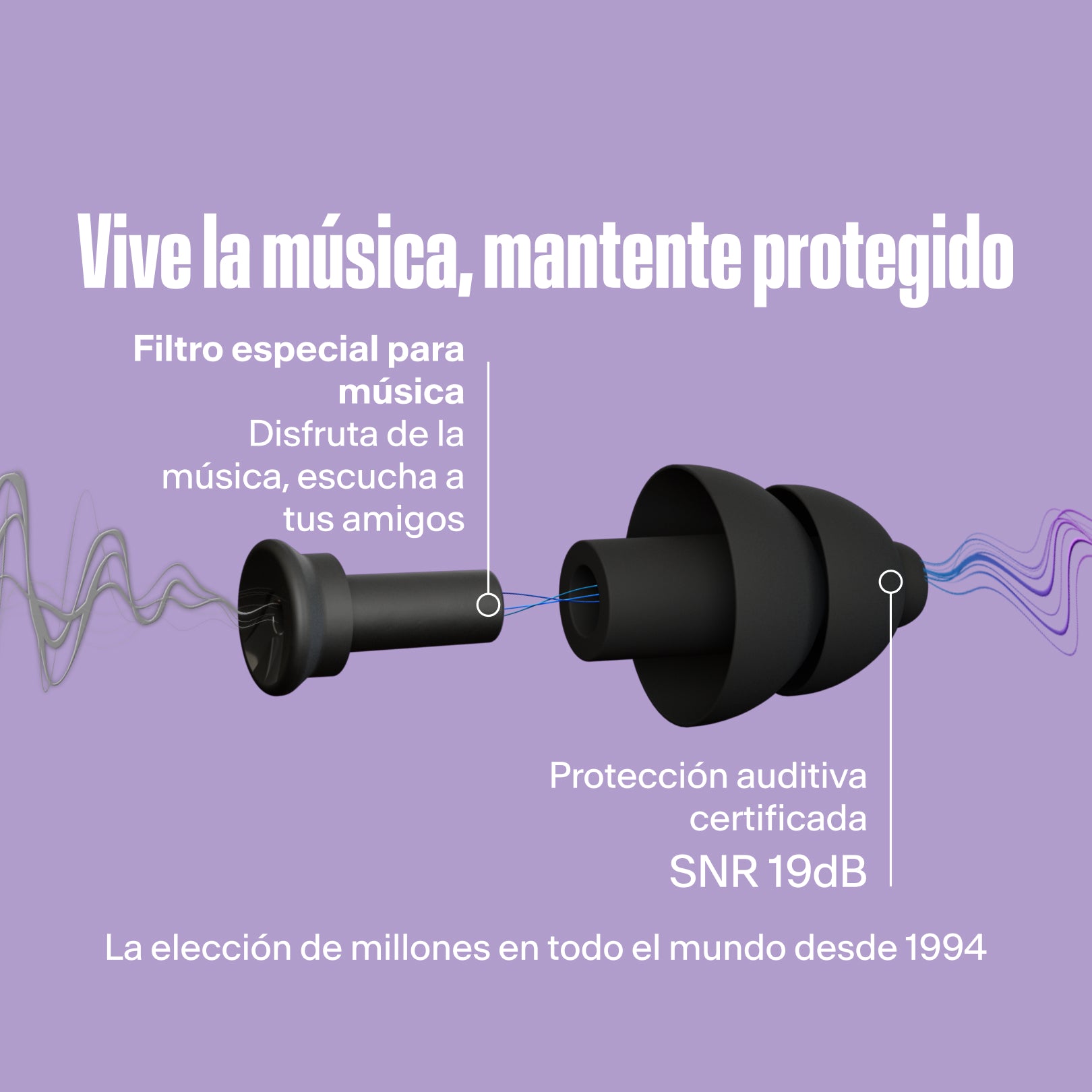 Alpine PartyPlug negro: filtro musical especial para oír a los amigos, protección auditiva certificada SNR 19dB
