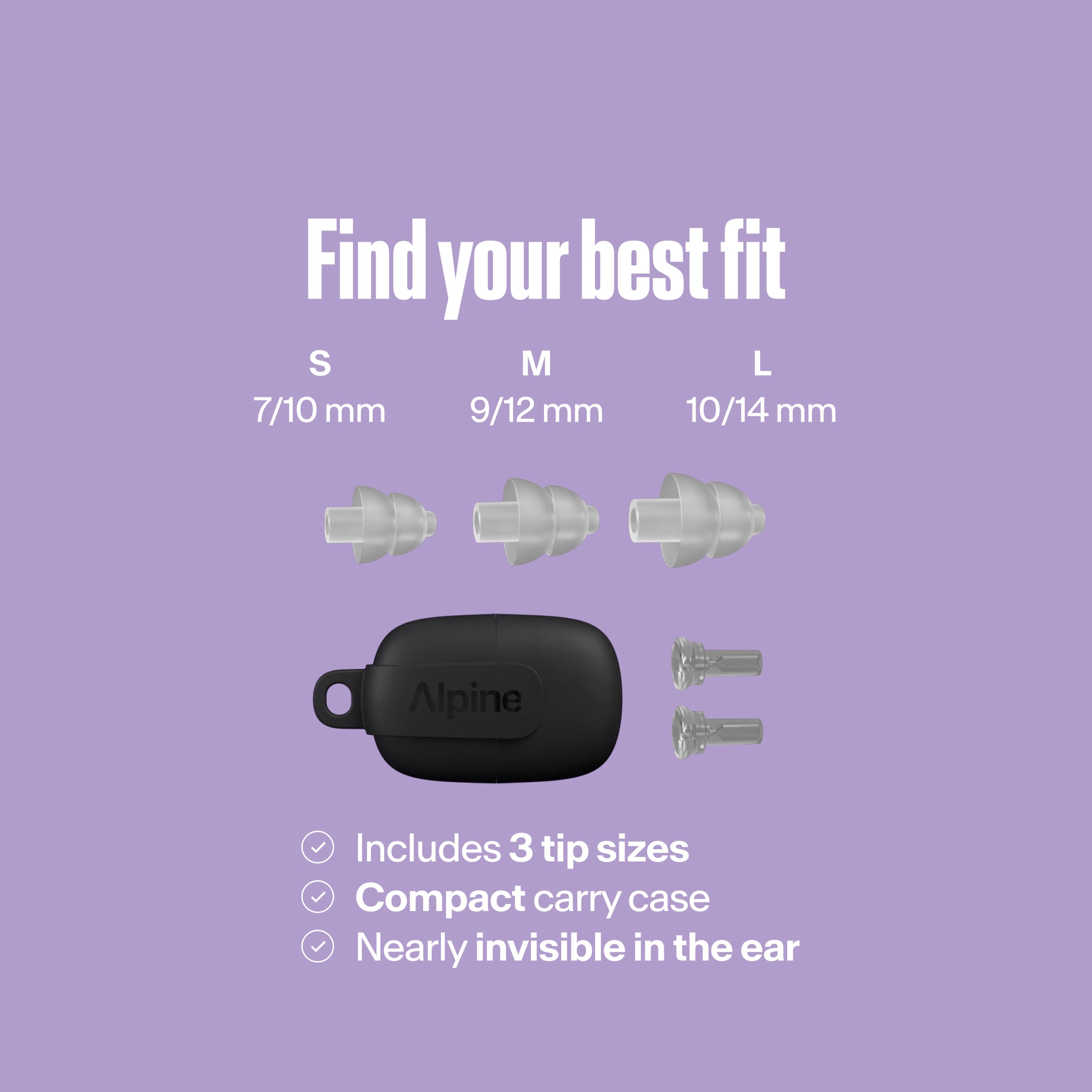 Alpine PartyPlug tips (S/M/L) with compact carry case, nearly invisible in the ear