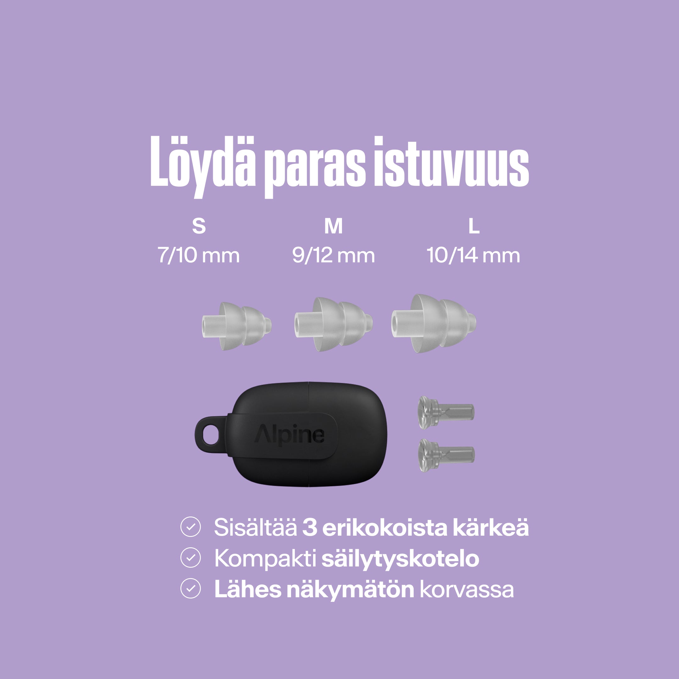 Alpine PartyPlug-korvakärjet (S/M/L) kompaktilla kantokotelolla, lähes näkymättömät korvassa