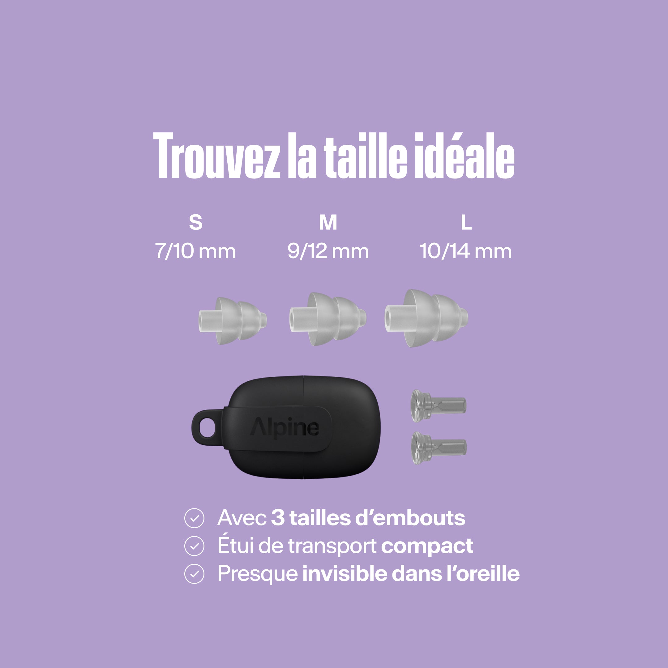 Embouts Alpine PartyPlug (S/M/L) avec étui de transport compact, presque invisibles dans l&