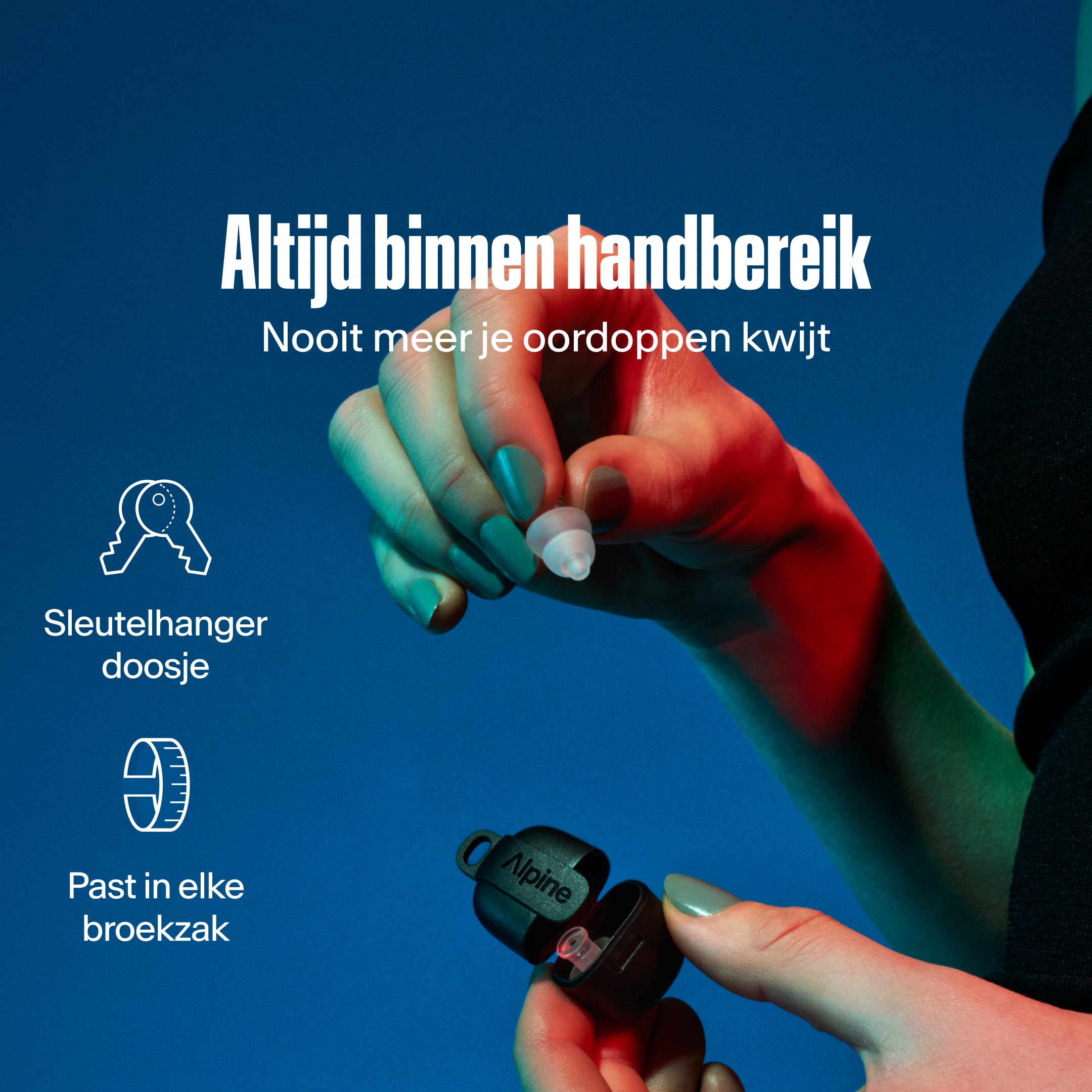 Alpine PartyPlug transparant: sleutelhangeretui, compact design, verlies je oordopjes nooit meer