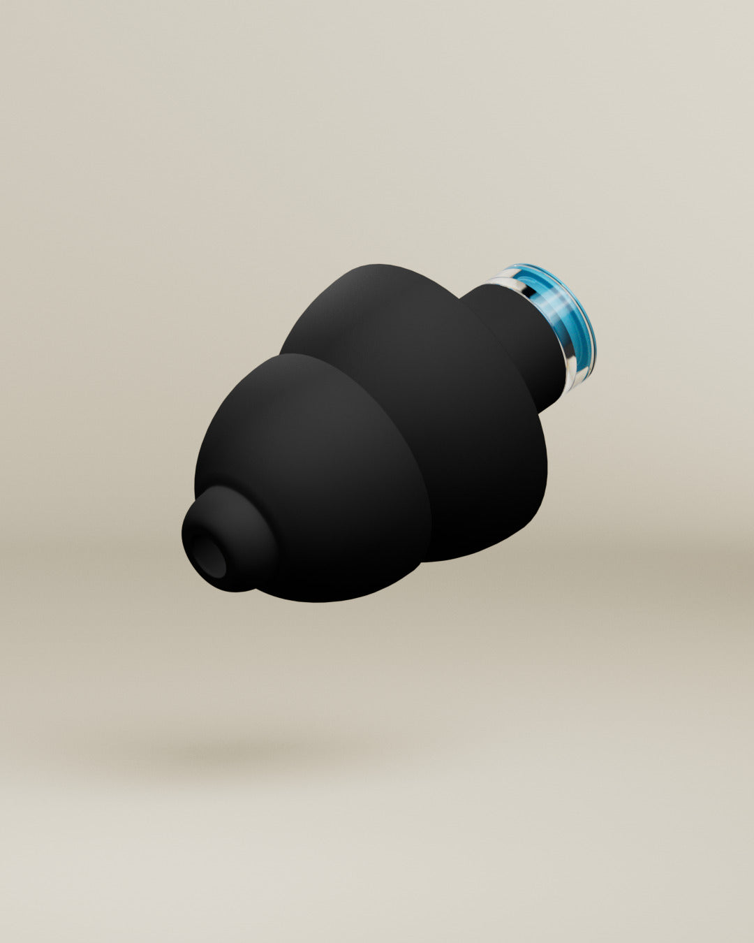 Alpine 24h Le Mans® earplug, 3D render of a single black earplug with blue filter on a beige background