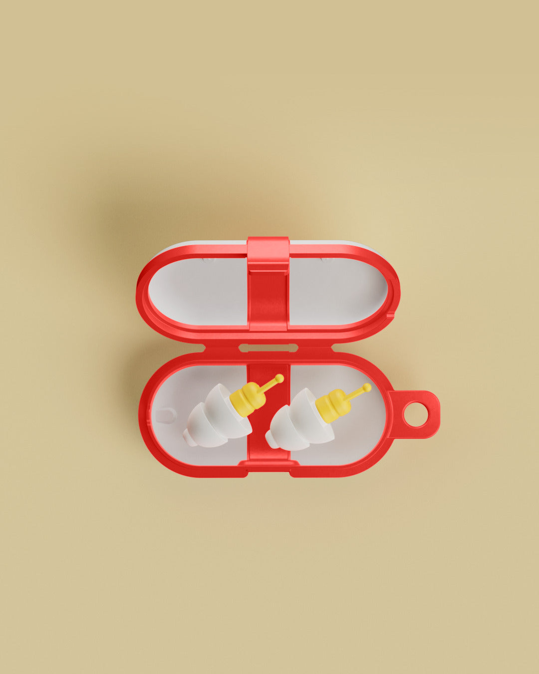 Alpine FlyFit earplugs in an open red carrying case with keyring loop, 3D render seen from above on beige