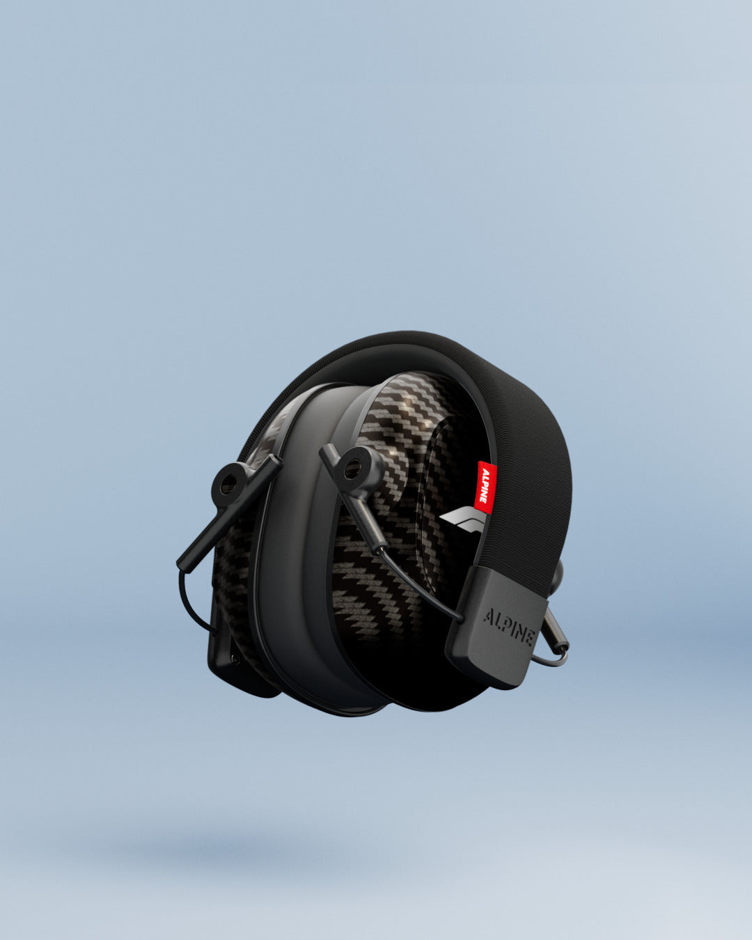 Alpine Formula 1® Earmuffs folded, with the ear cups tucked into the headband, 3D render