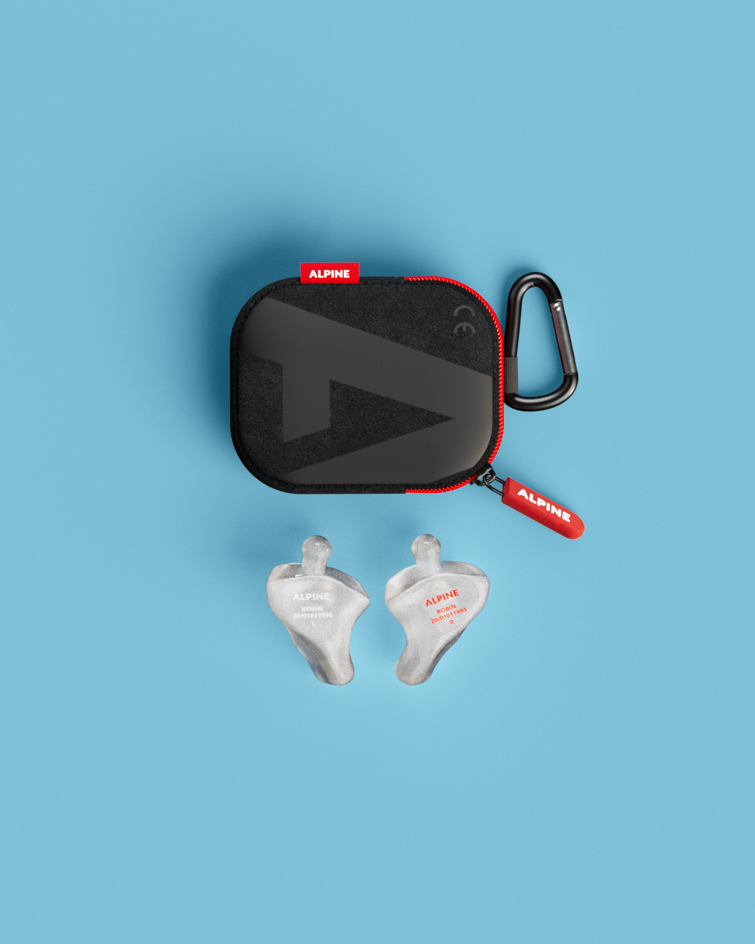 Alpine PartyPlug Custom Metallic Silver earplugs with black carrying case, top view