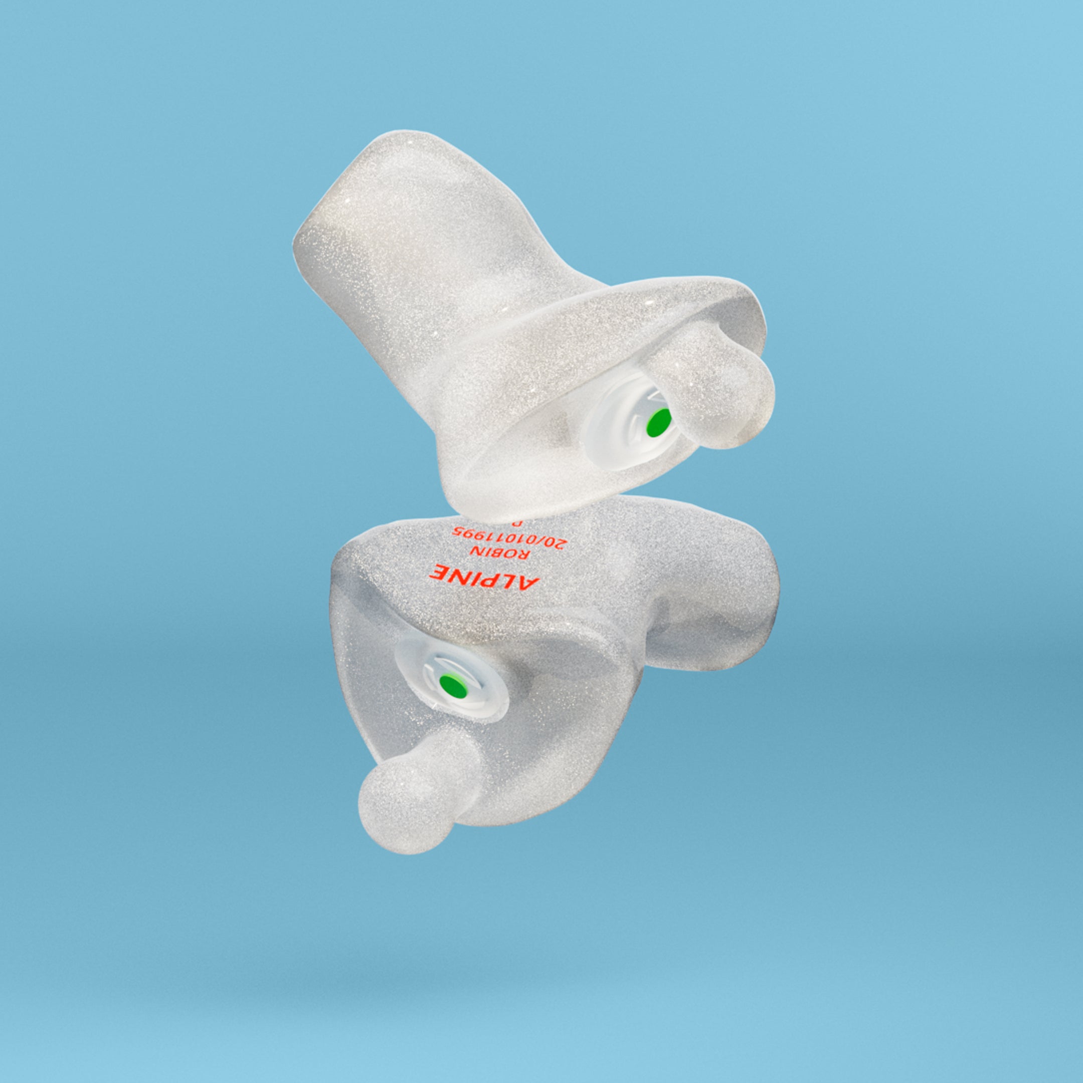 Pair of Alpine PartyPlug Custom Metallic Silver earplugs with filters, 3D render