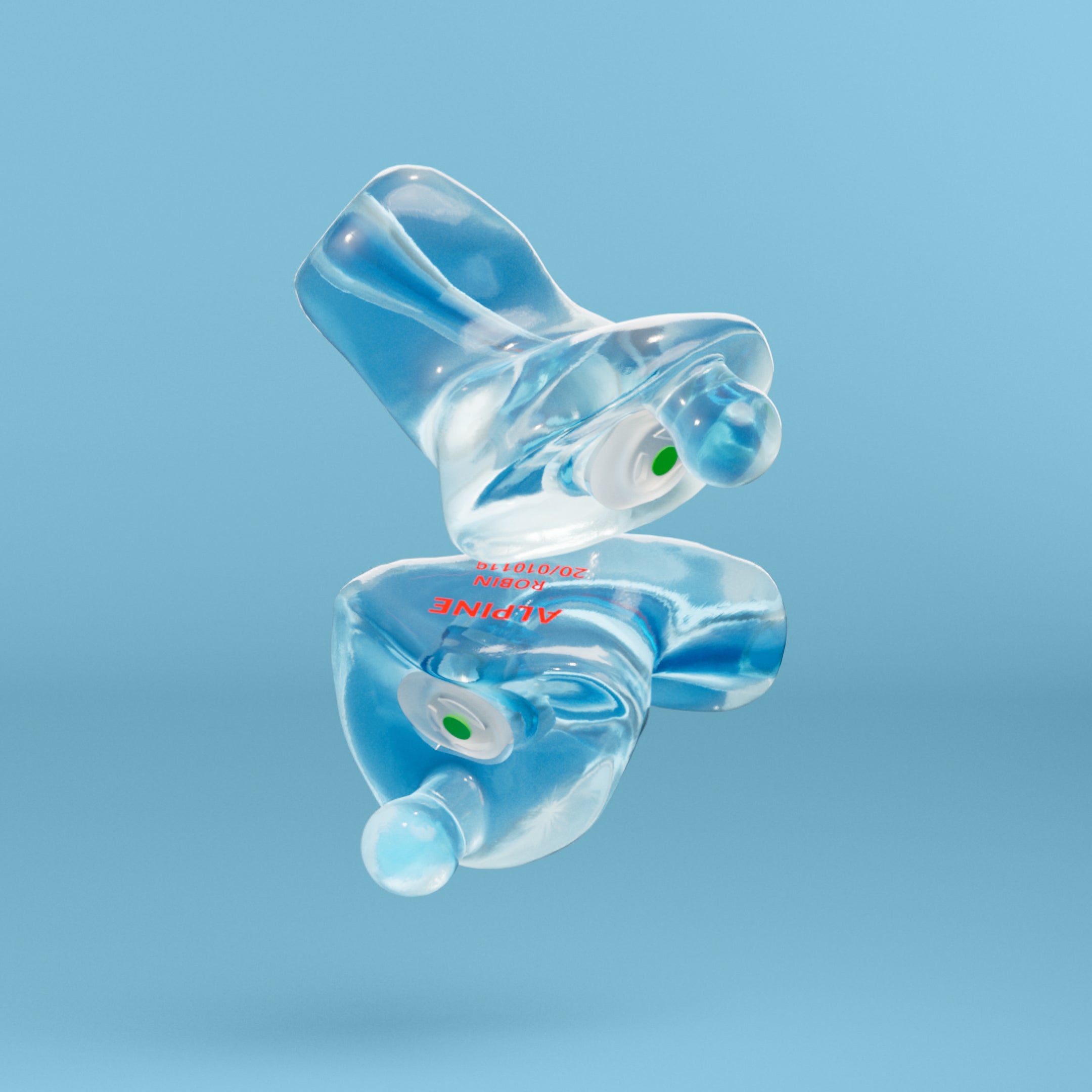 Pair of Alpine PartyPlug Custom Transparent Blue earplugs with filters, 3D render