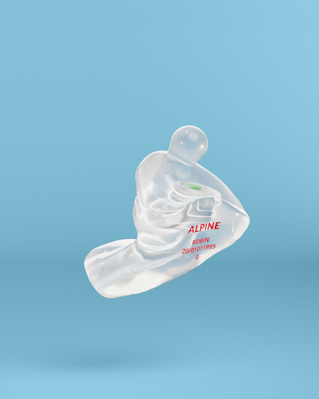 Alpine PartyPlug Custom earplug with filter, 3D render on a blue background