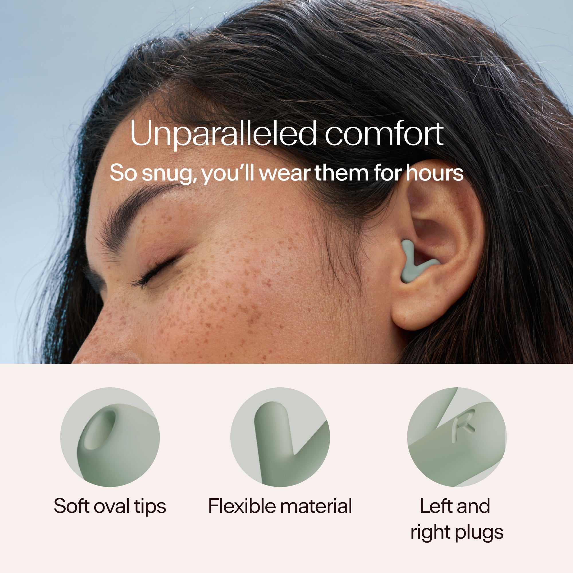Close-up of a person wearing Alpine Silence earplugs in green, with text about comfort and product features