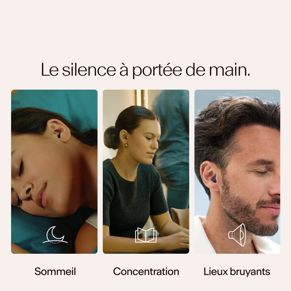 Trois personnes dans différents états de repos ou de concentration portant Alpine Silence en bleu nuit, avec du texte et des icônes indiquant « Sommeil », « Concentration » et « Lieux bruyants »