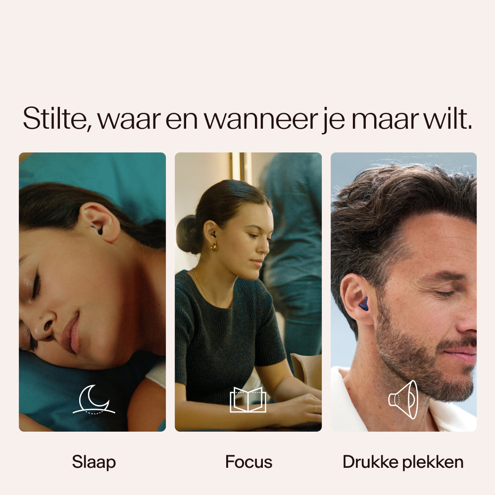 Drie mensen in verschillende staten van rust of concentratie, met Alpine Silence in middernachtblauw, met tekst en iconen die &