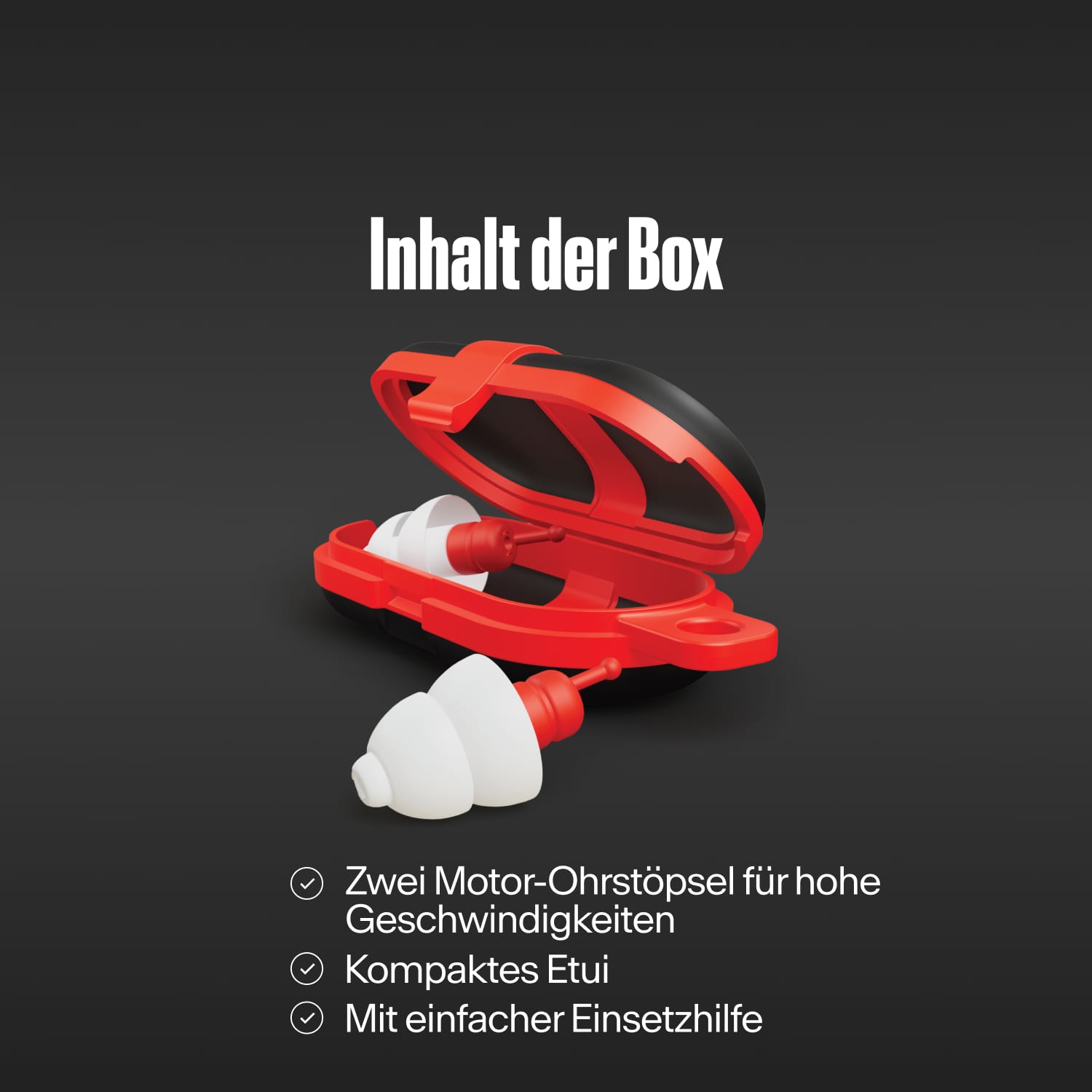 Alpine MotoSafe Sport Ohrstöpsel und rotes Etui unter dem Text &