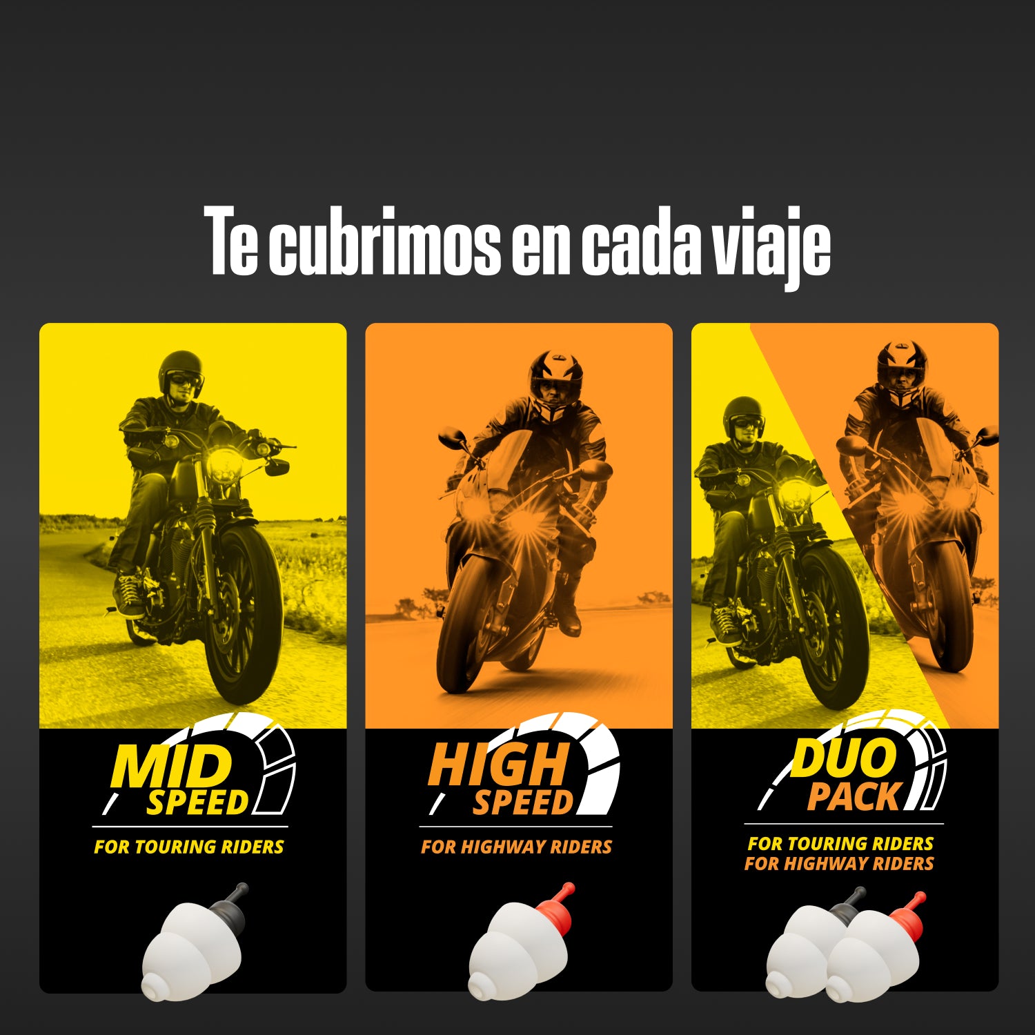 Gama Alpine MotoSafe bajo «Te cubrimos en cada viaje»: «Mid Speed» para moteros de turismo, «High Speed» para moteros de autopista, «Duo Pack» para ambos 