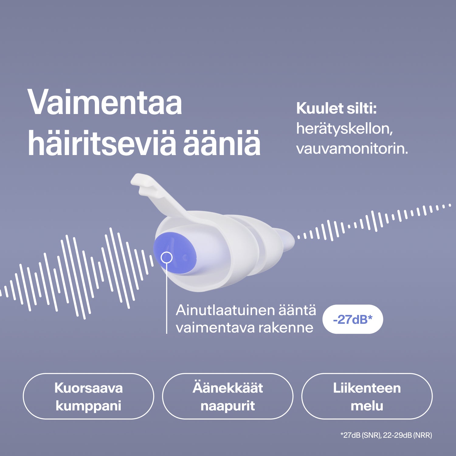 Alpine SleepDeep -korvatulppa, koko L, vaimentaa kuorsausta, naapuri- ja liikennemelua 27 dB, herätyskello kuuluu silti 