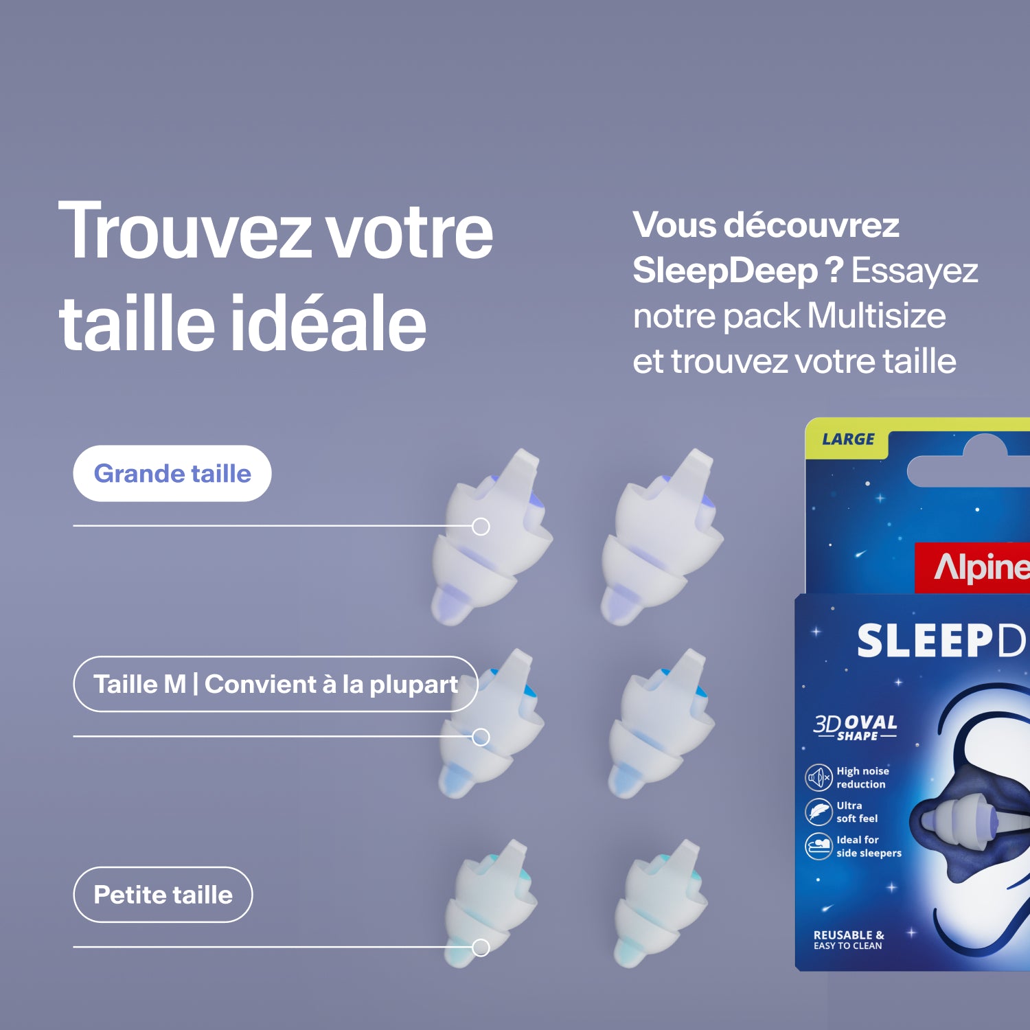 Bouchons Alpine SleepDeep en tailles Large, Medium et Small à côté de l&