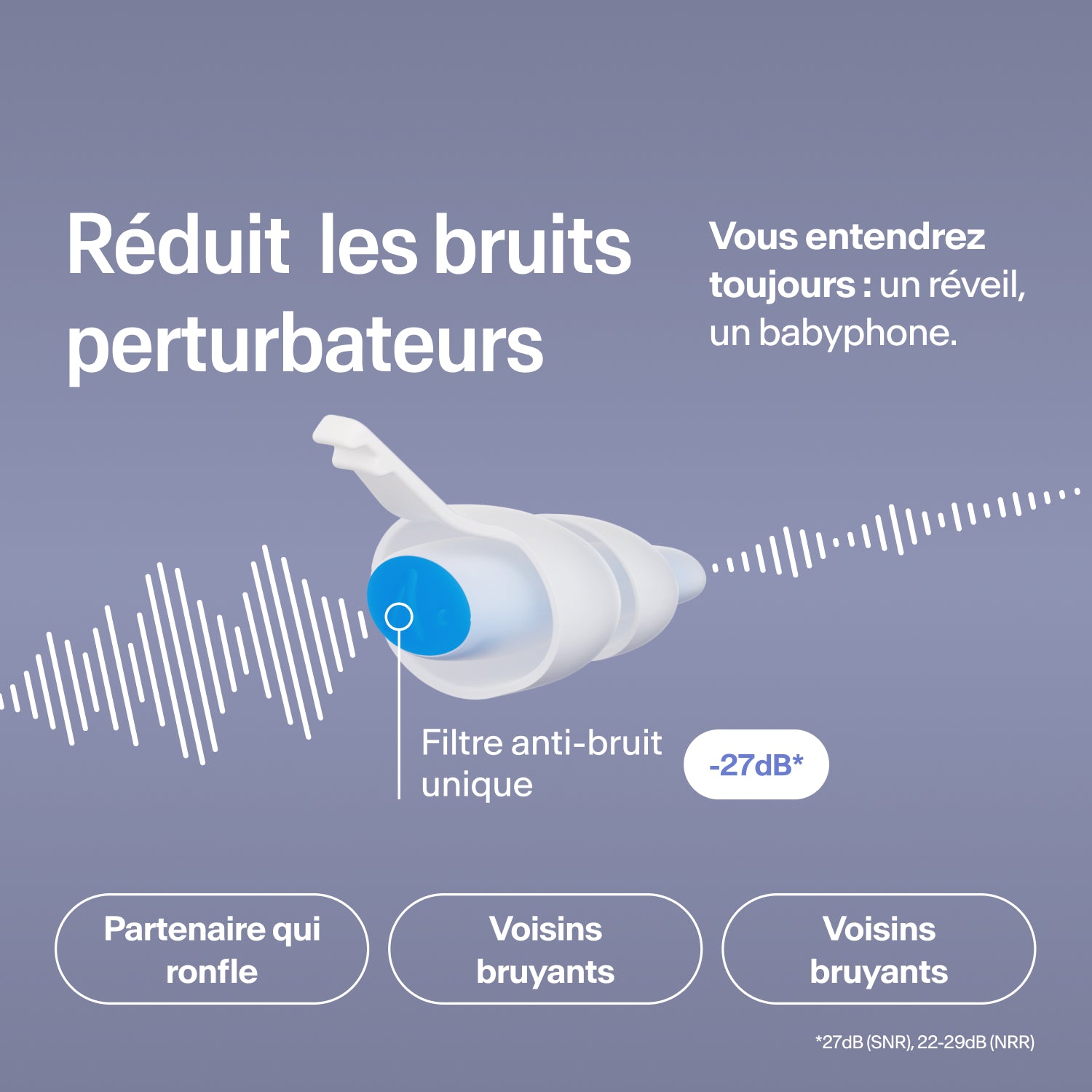 Bouchon Alpine SleepDeep taille M réduisant de 27 dB ronflements, voisinage et trafic, le réveil restant audible 