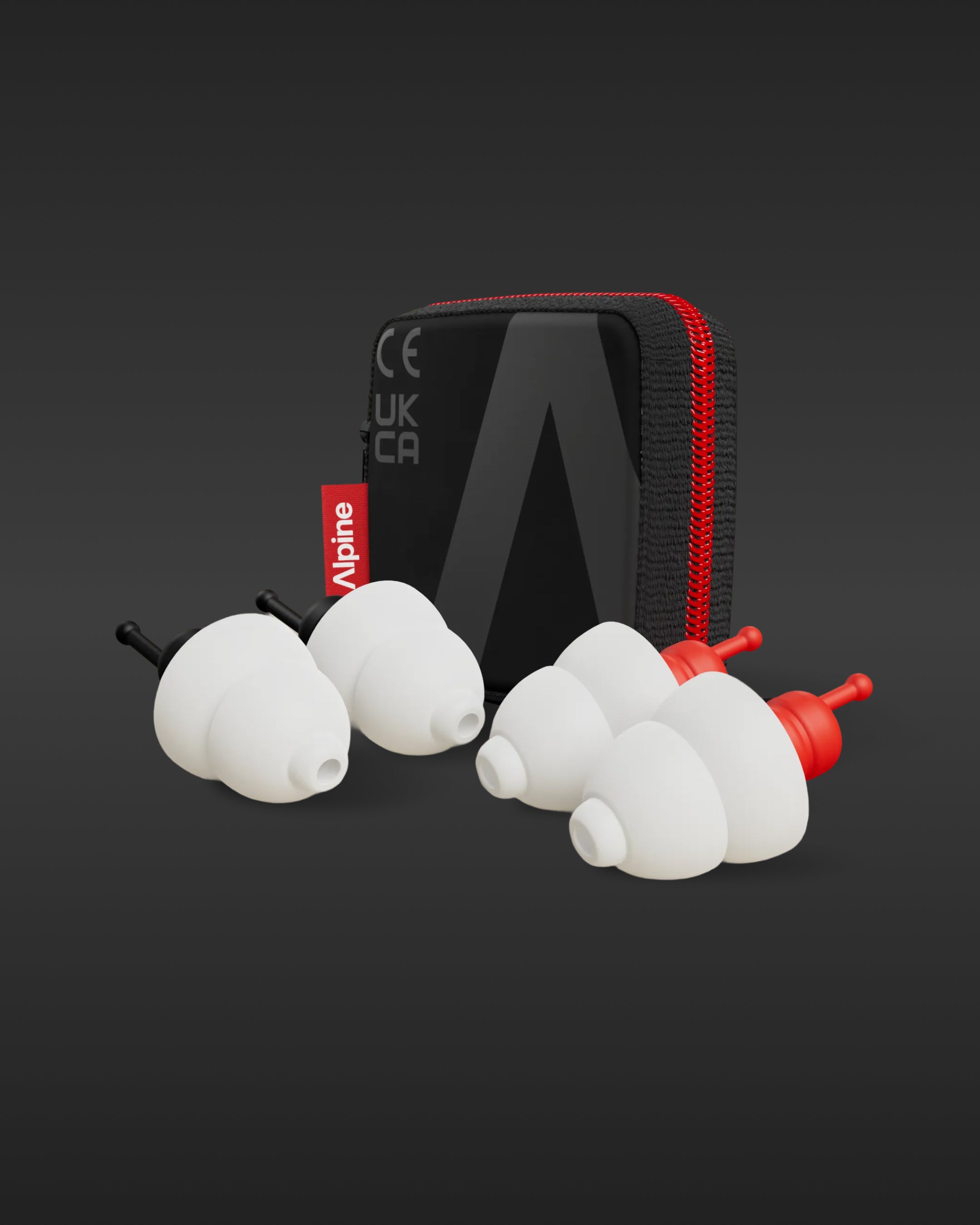 Alpine MotoSafe Duo: two pairs of earplugs with red and black filters in front of a black zip pouch 