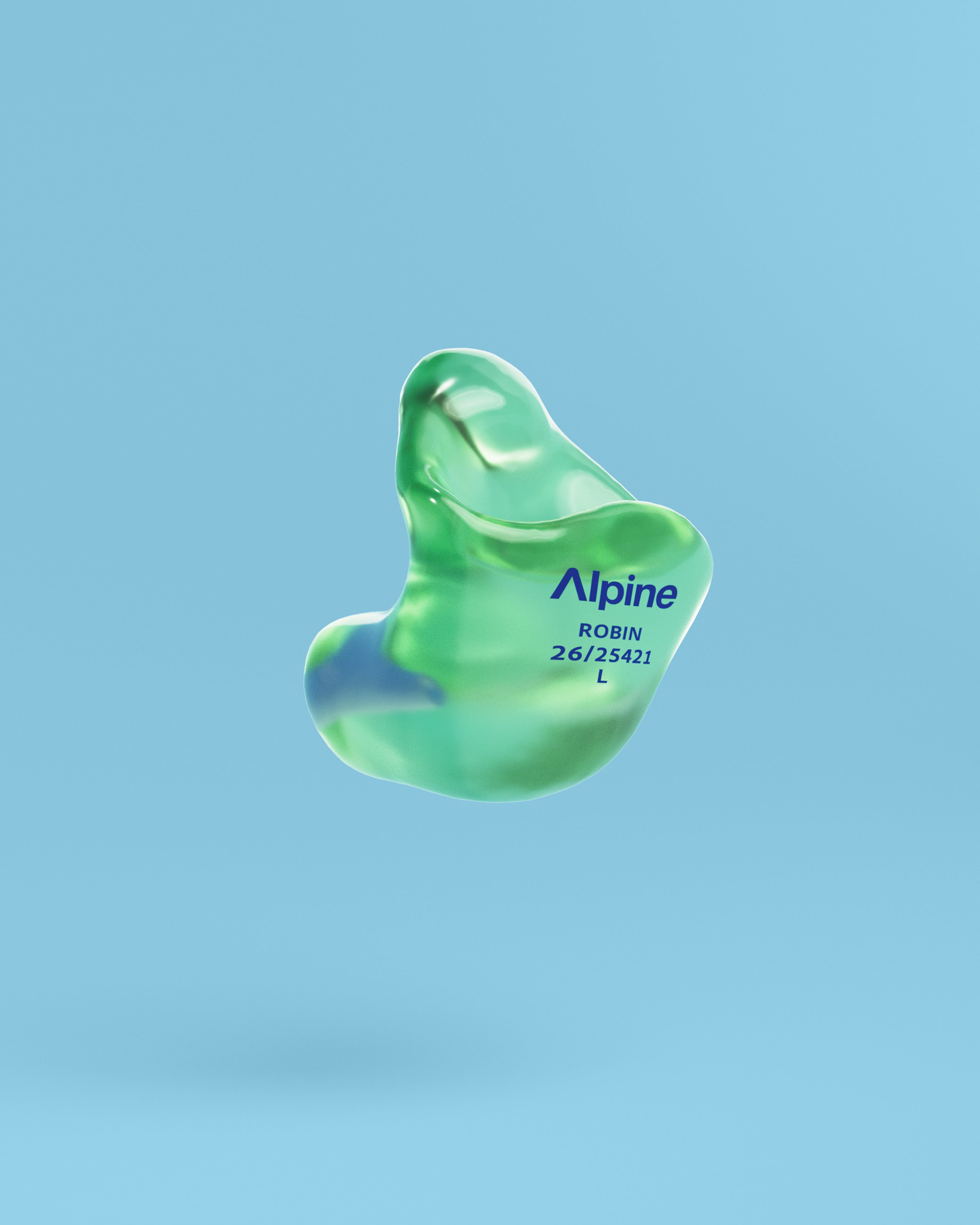 Alpine SleepSoft Custom Transparent Green earplug, 3D render on a blue background 