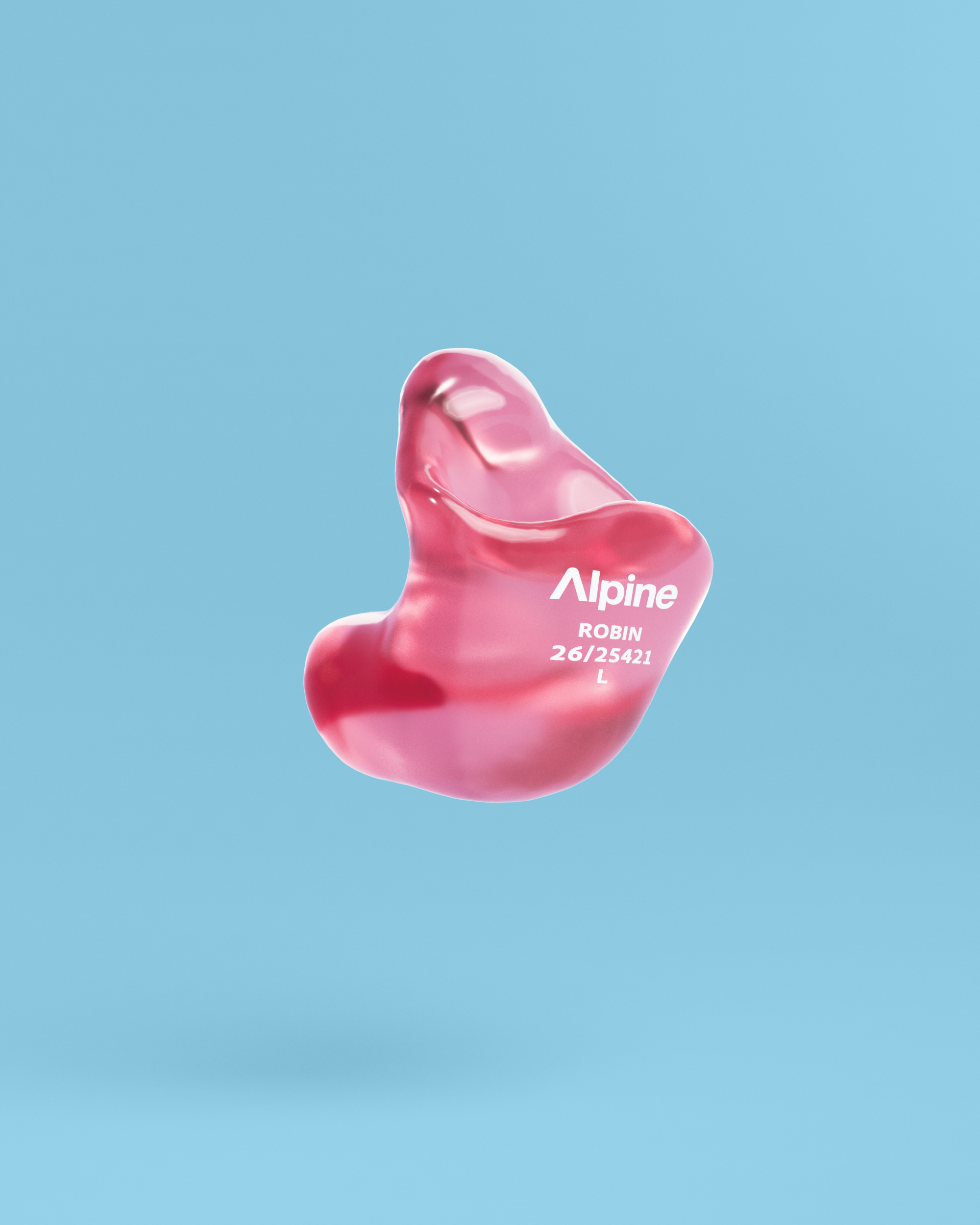 Alpine SleepSoft Custom Transparent Red earplug, 3D render on a blue background 