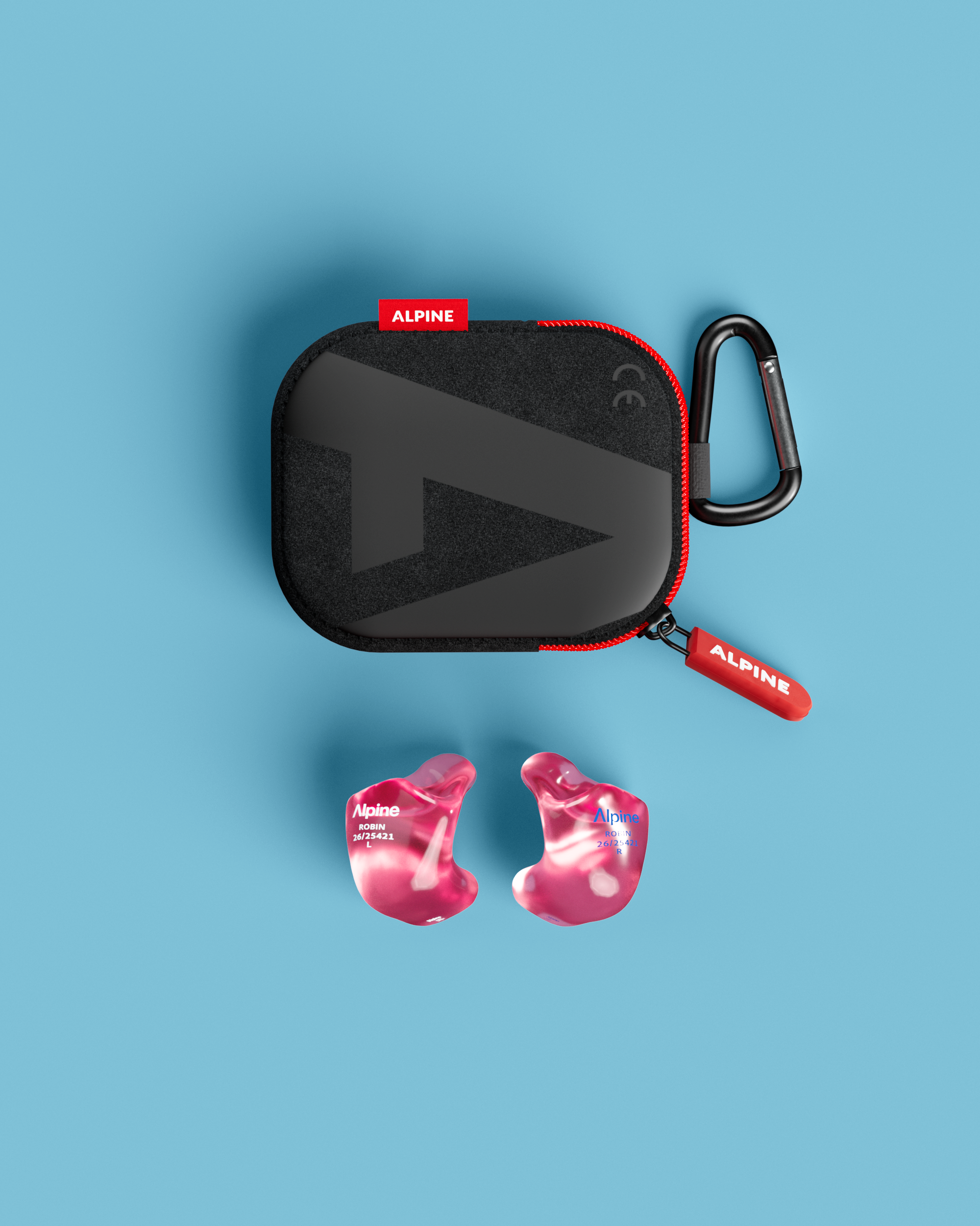 Alpine SleepSoft Custom Transparent Red earplugs with black carrying case, top view 